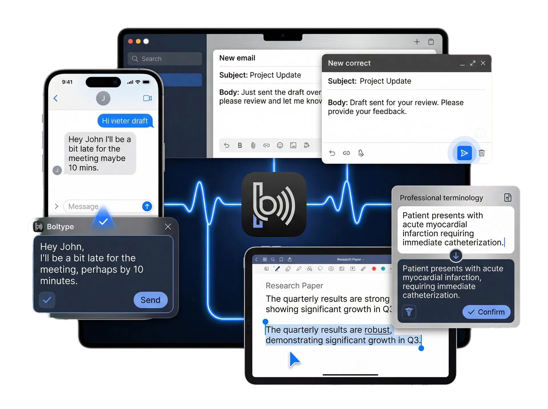 Boltype usage scenarios across chat, email, notes, and professional language