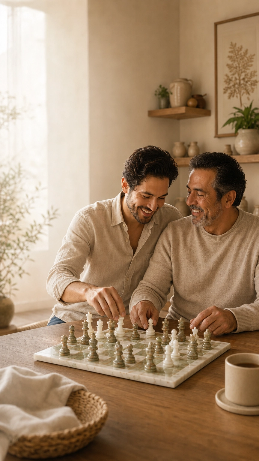 Father and son sharing a moment playing chess with a handcrafted Mexican marble chess board