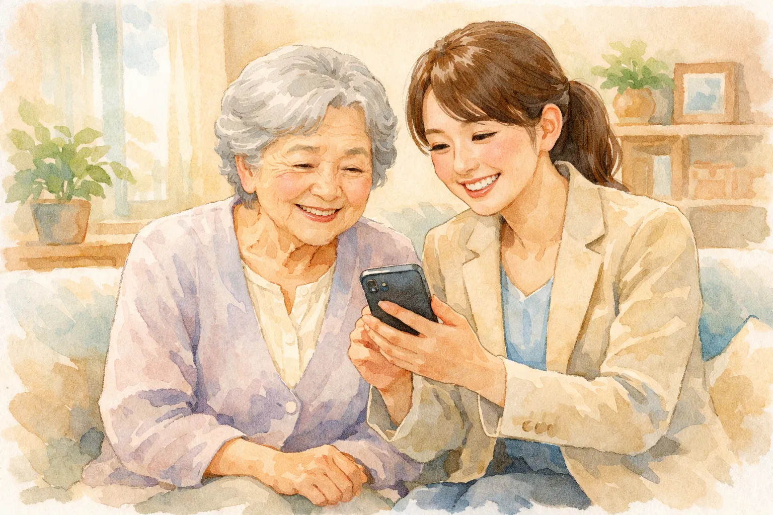 高齢者とスタッフがスマホを見ている温かいイラスト
