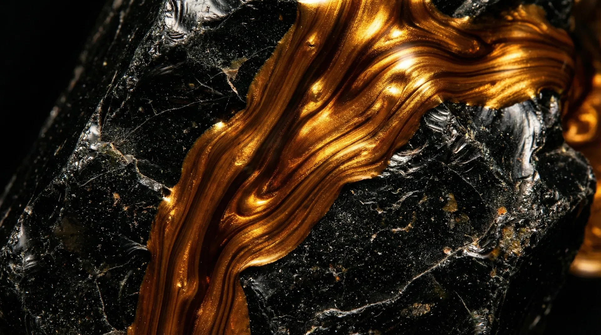 Abstract golden texture on obsidian