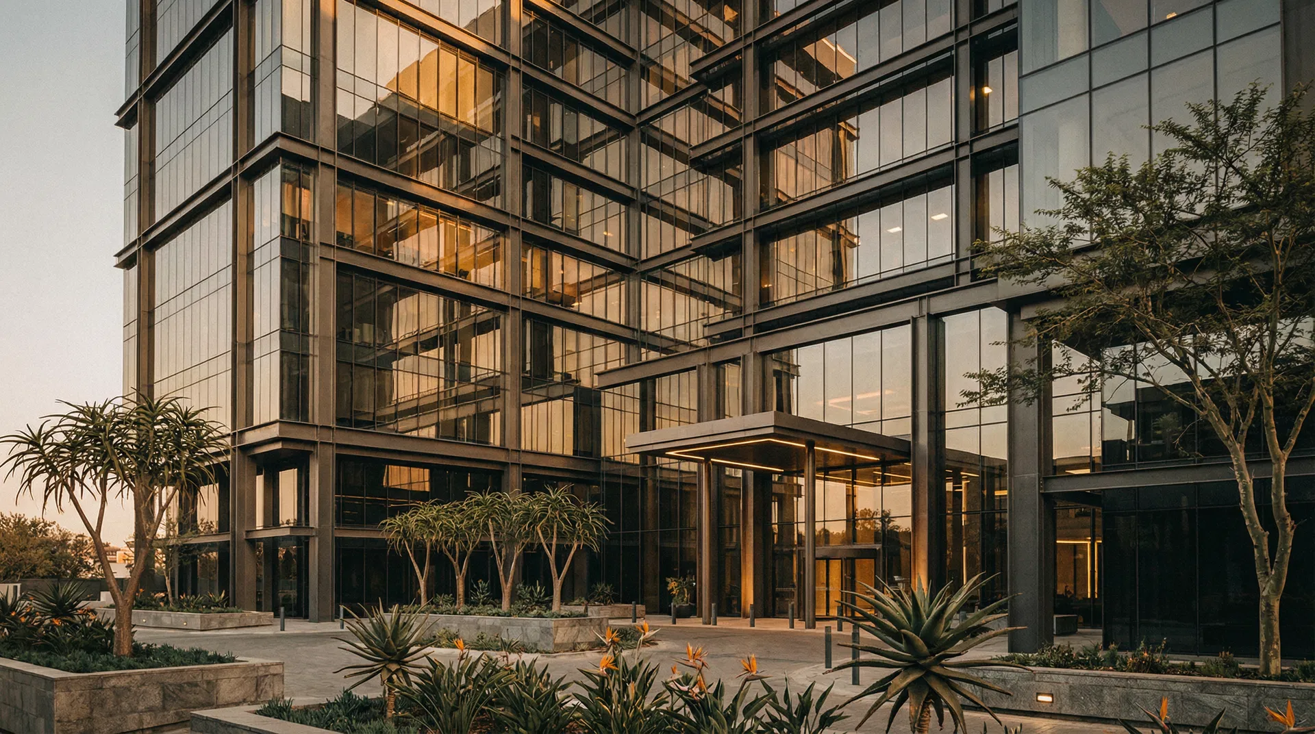 Modern commercial building with golden hour lighting