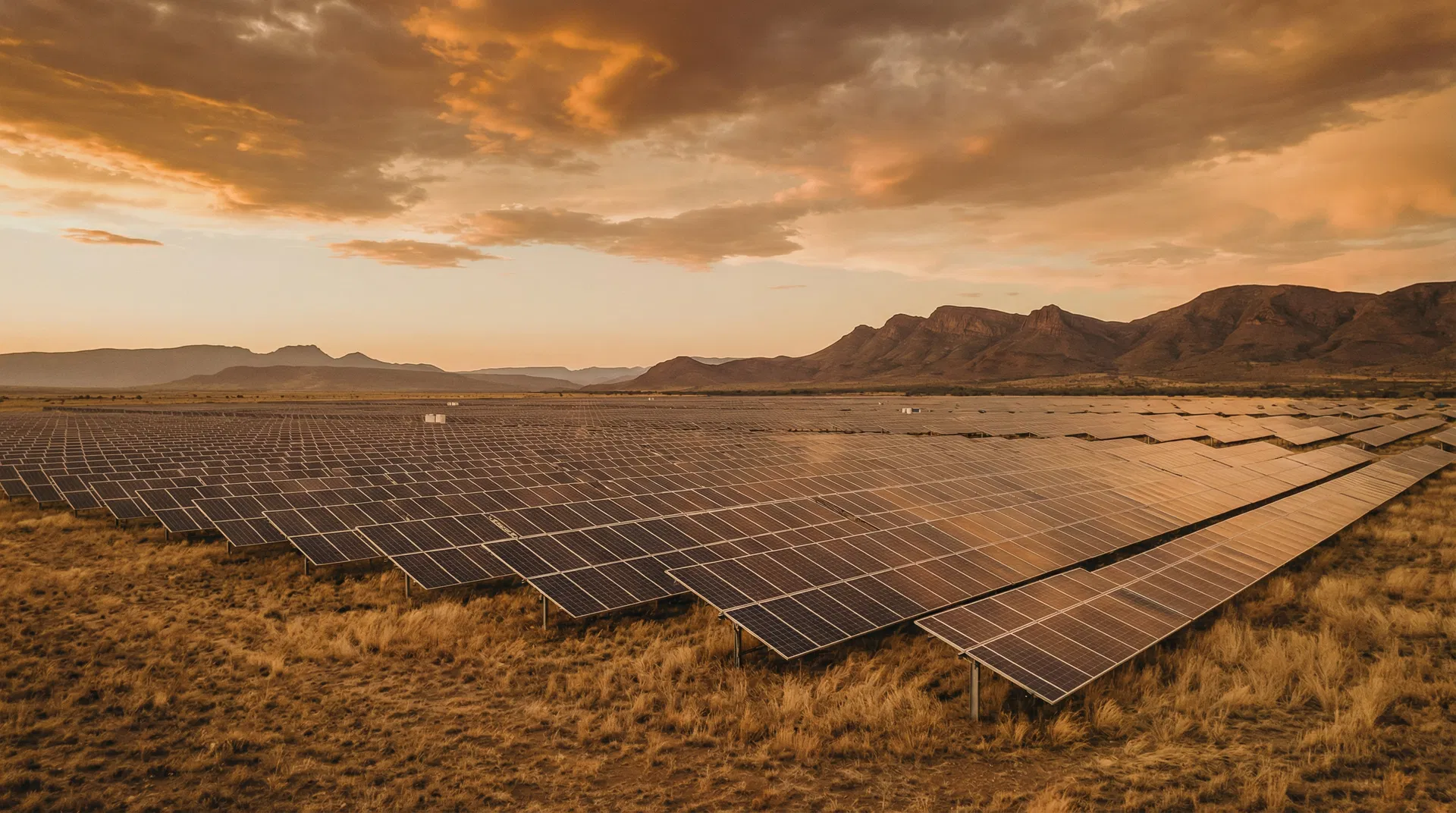 Solar farm in South African landscape at sunset