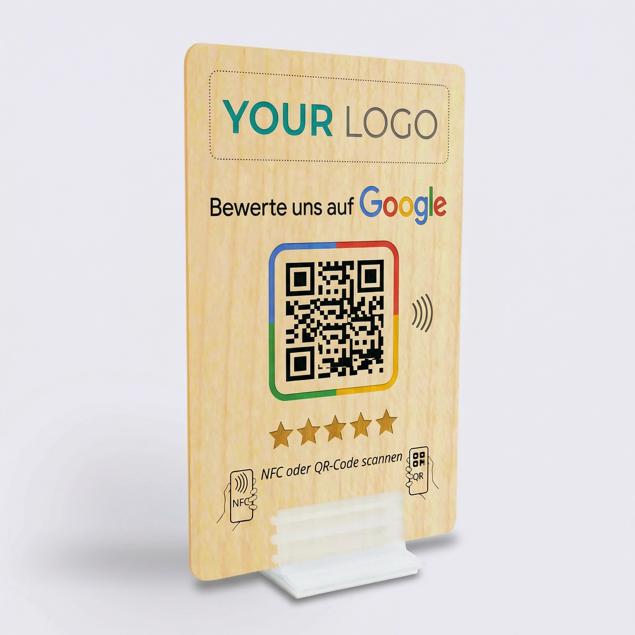 Google Bewertungskarte aus Holz – NFC & QR-Code