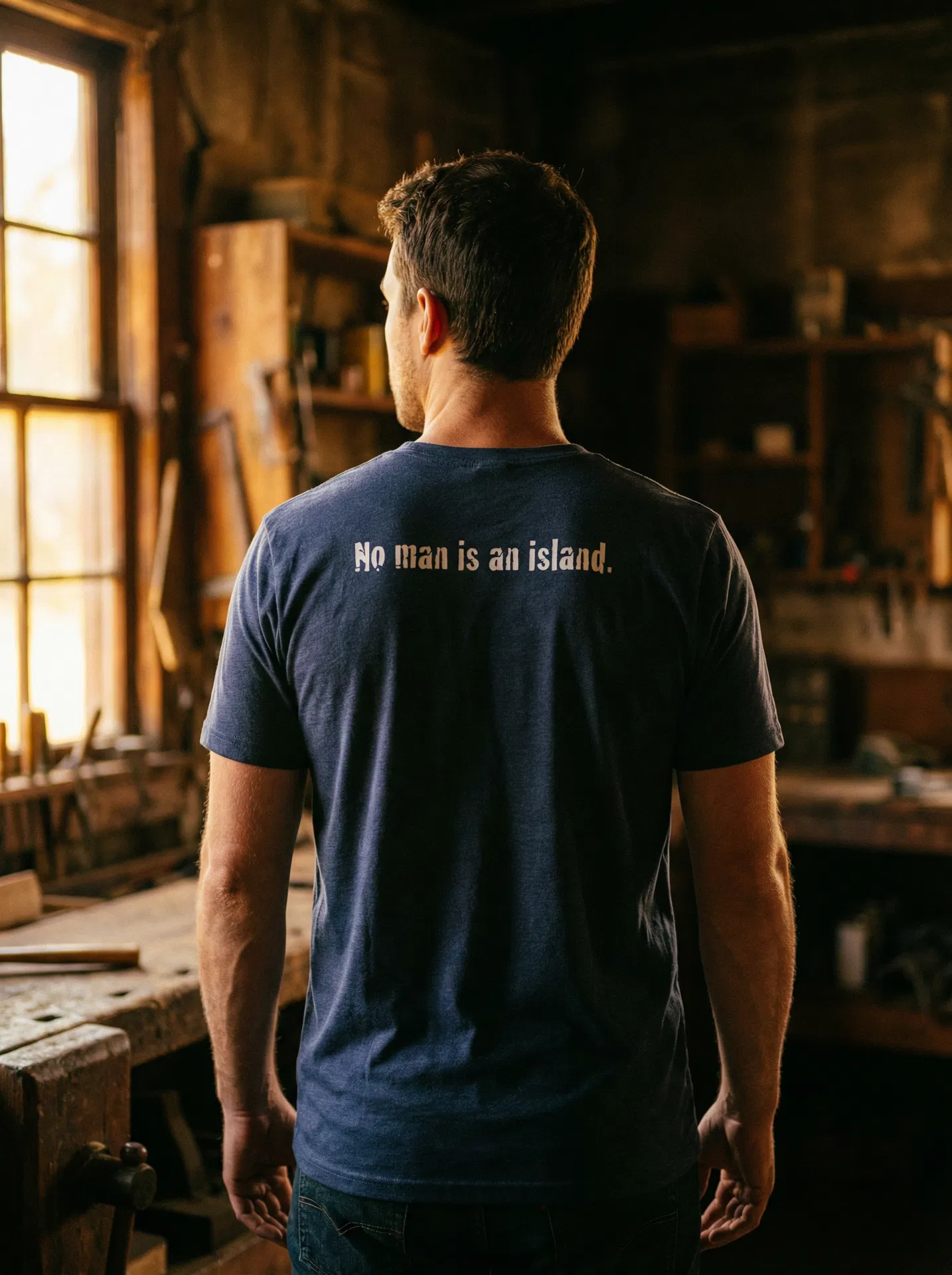 Back of The Crucible shirt — No man is an island.