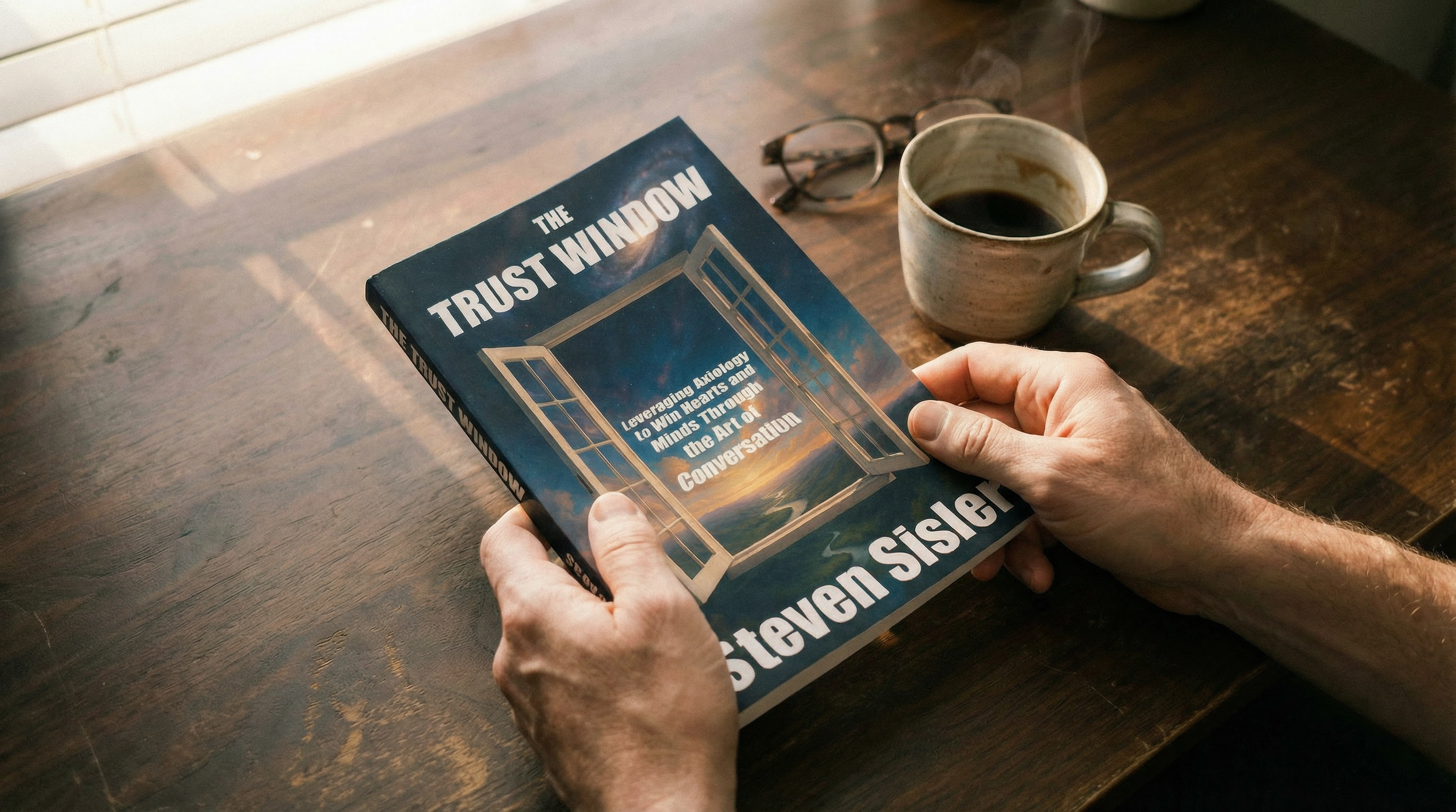 Reading The Trust Window with coffee