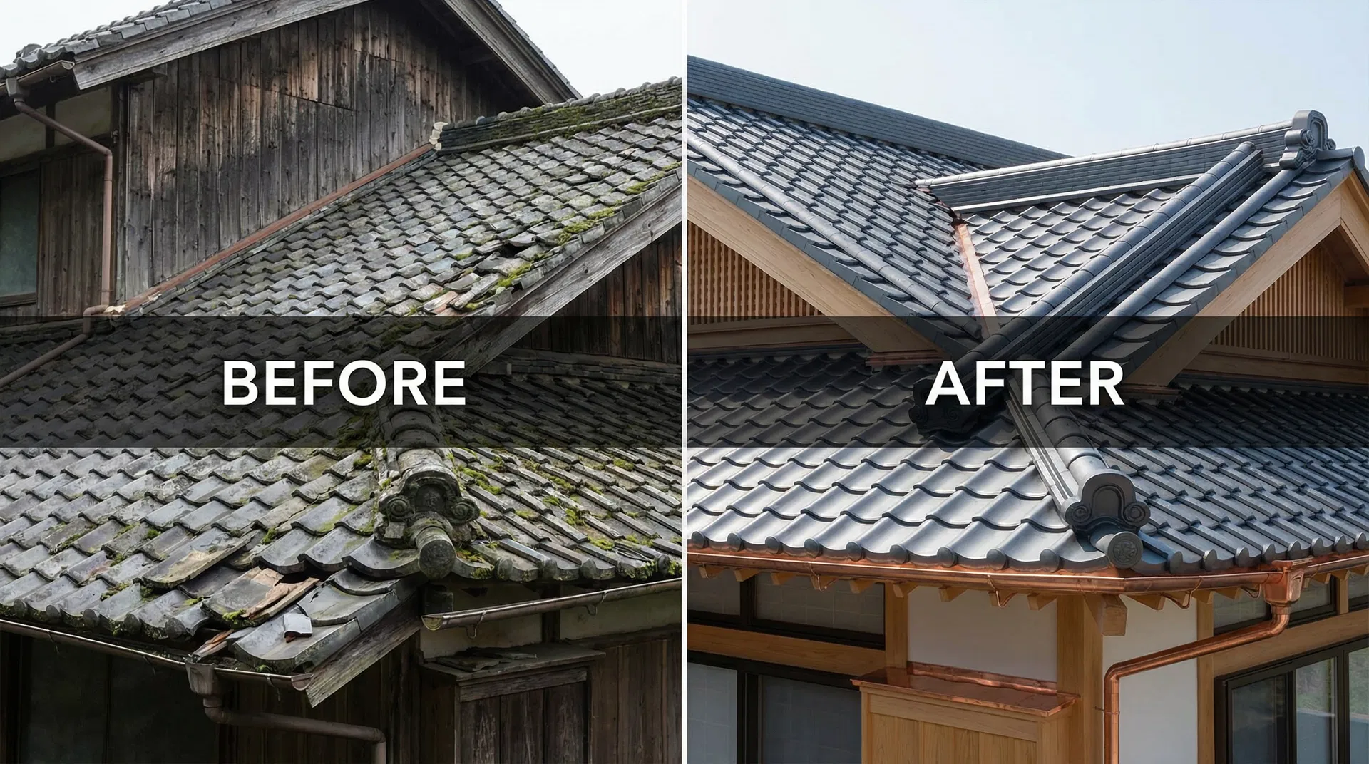 千葉市の屋根修理施工事例 瓦屋根から金属屋根への葺き替え ビフォーアフター