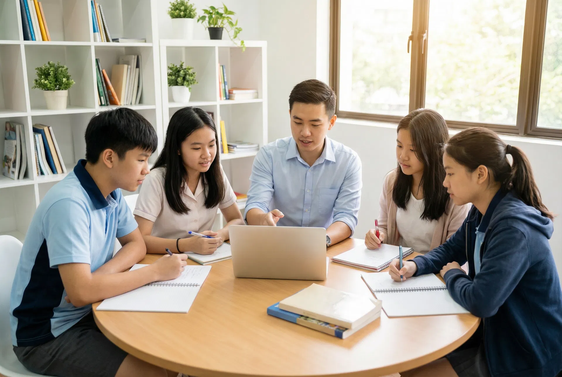 IP tutor teaching students at round table