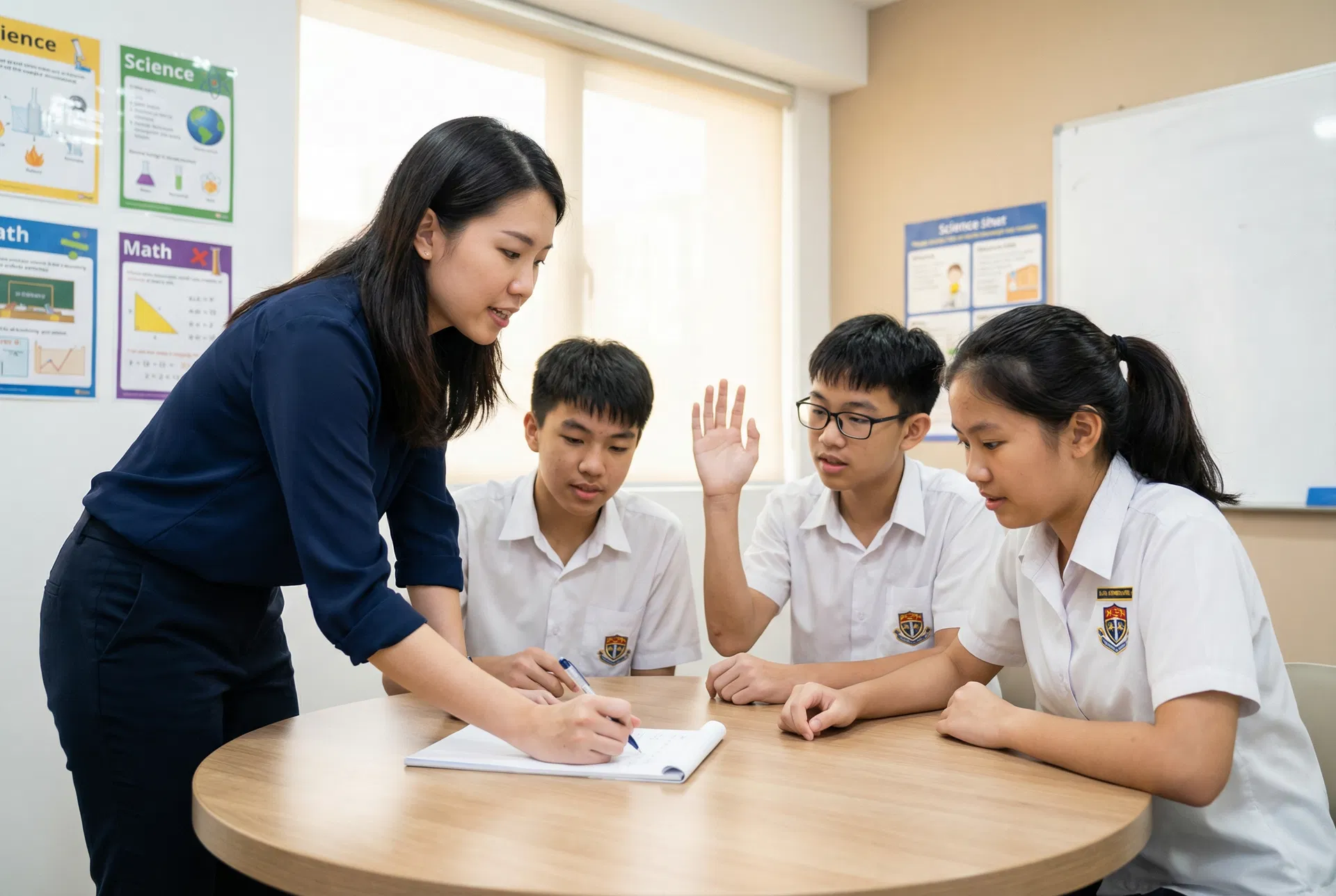 O-Level tutor teaching students at round table