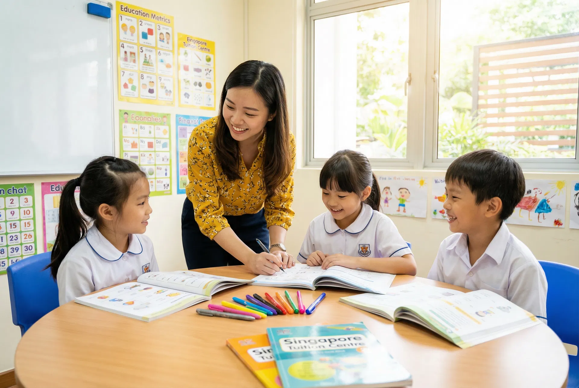 Tutor teaching primary school students at round table