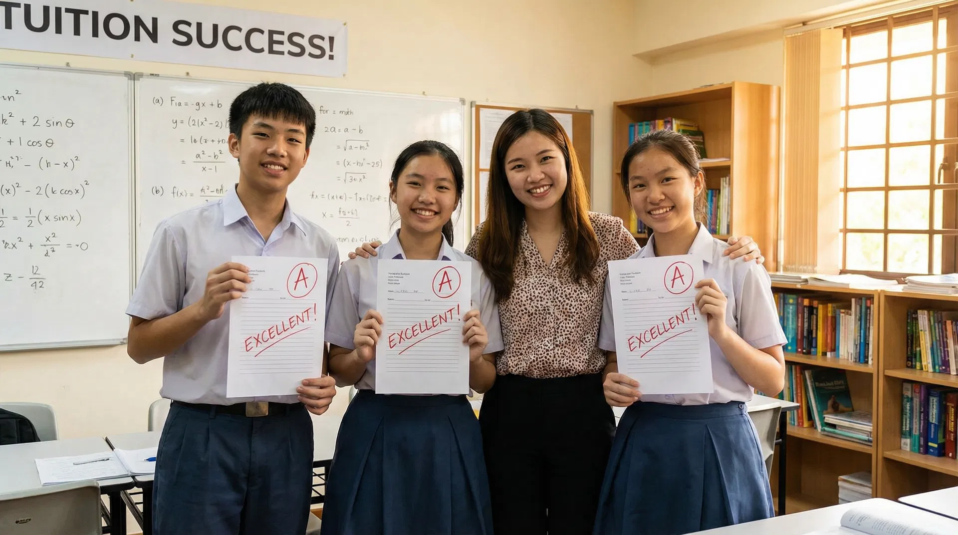 Students celebrating A grades with tutor