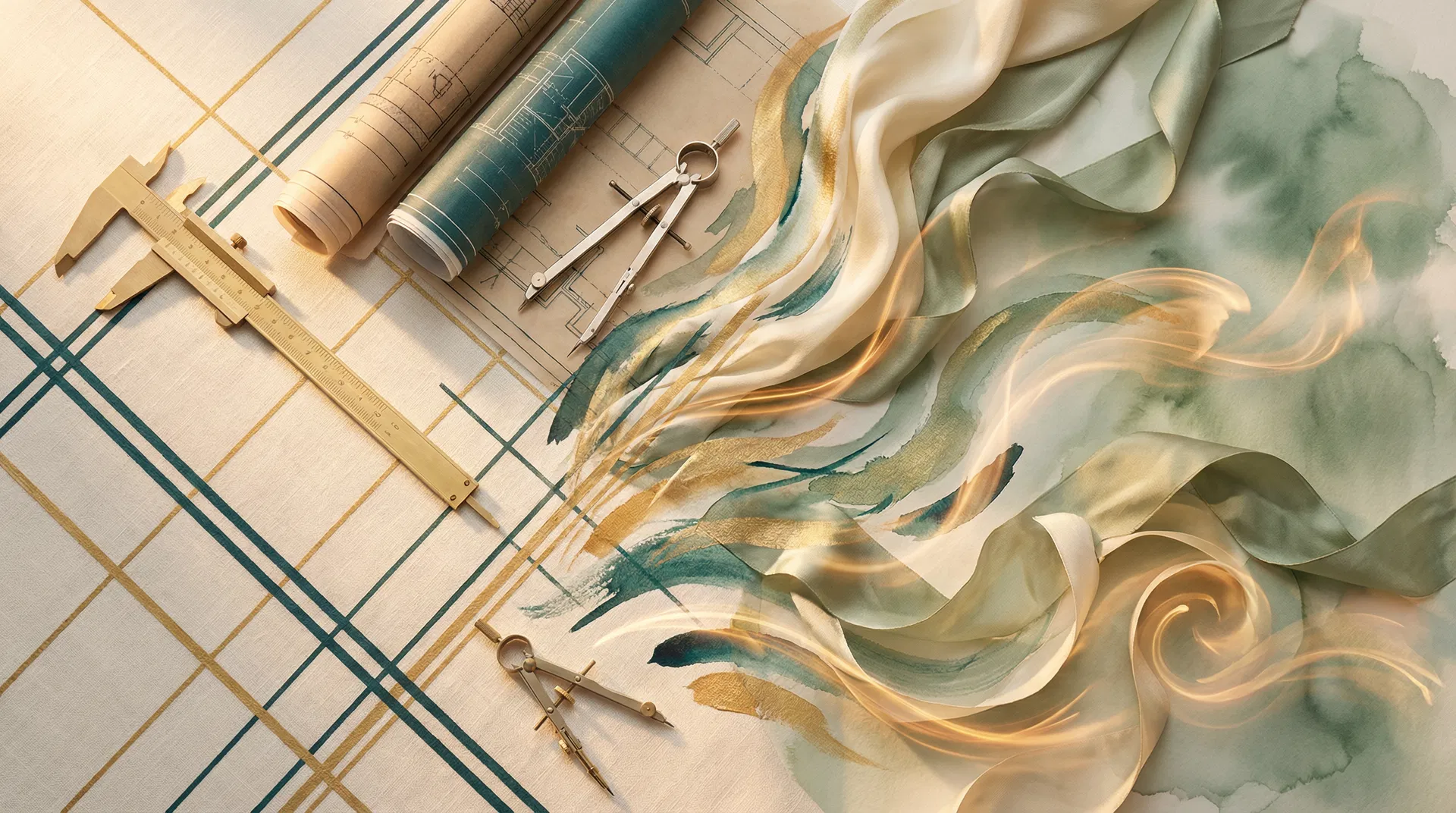 The Architect meets the Muse — precision instruments dissolving into flowing silk
