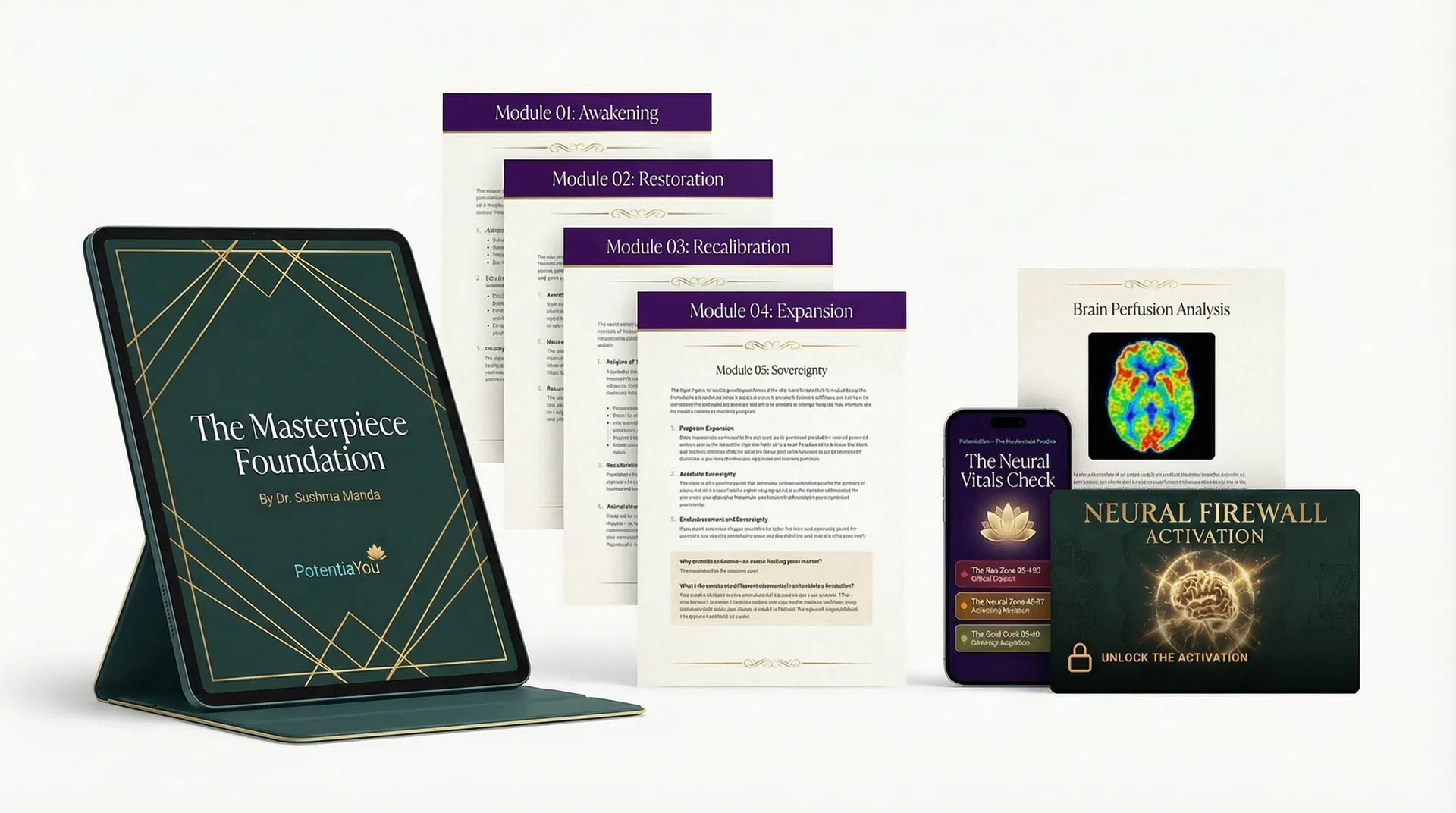 The Masterpiece Foundation course materials — tablet with course cover, fanned module pages, Brain Perfusion Analysis, Neural Vitals Check phone, and Neural Firewall card