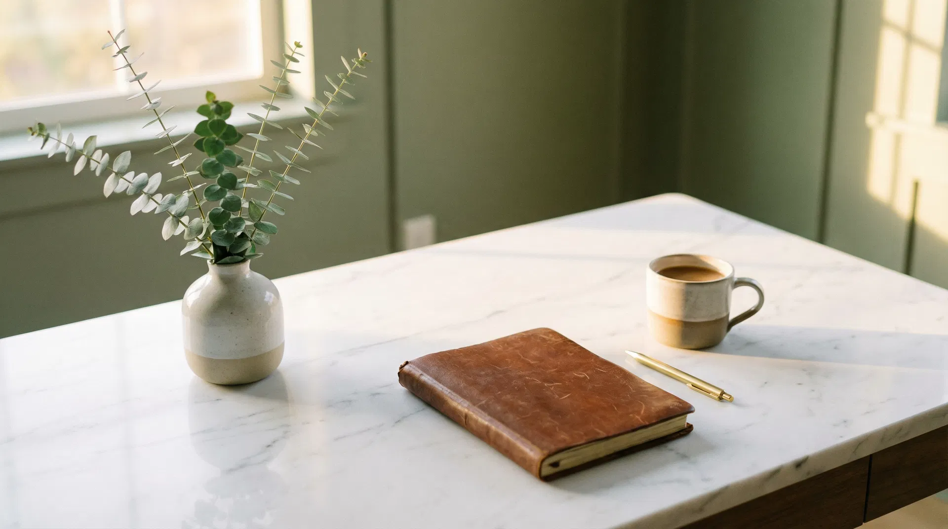 Private coaching consultation space — minimal desk with eucalyptus