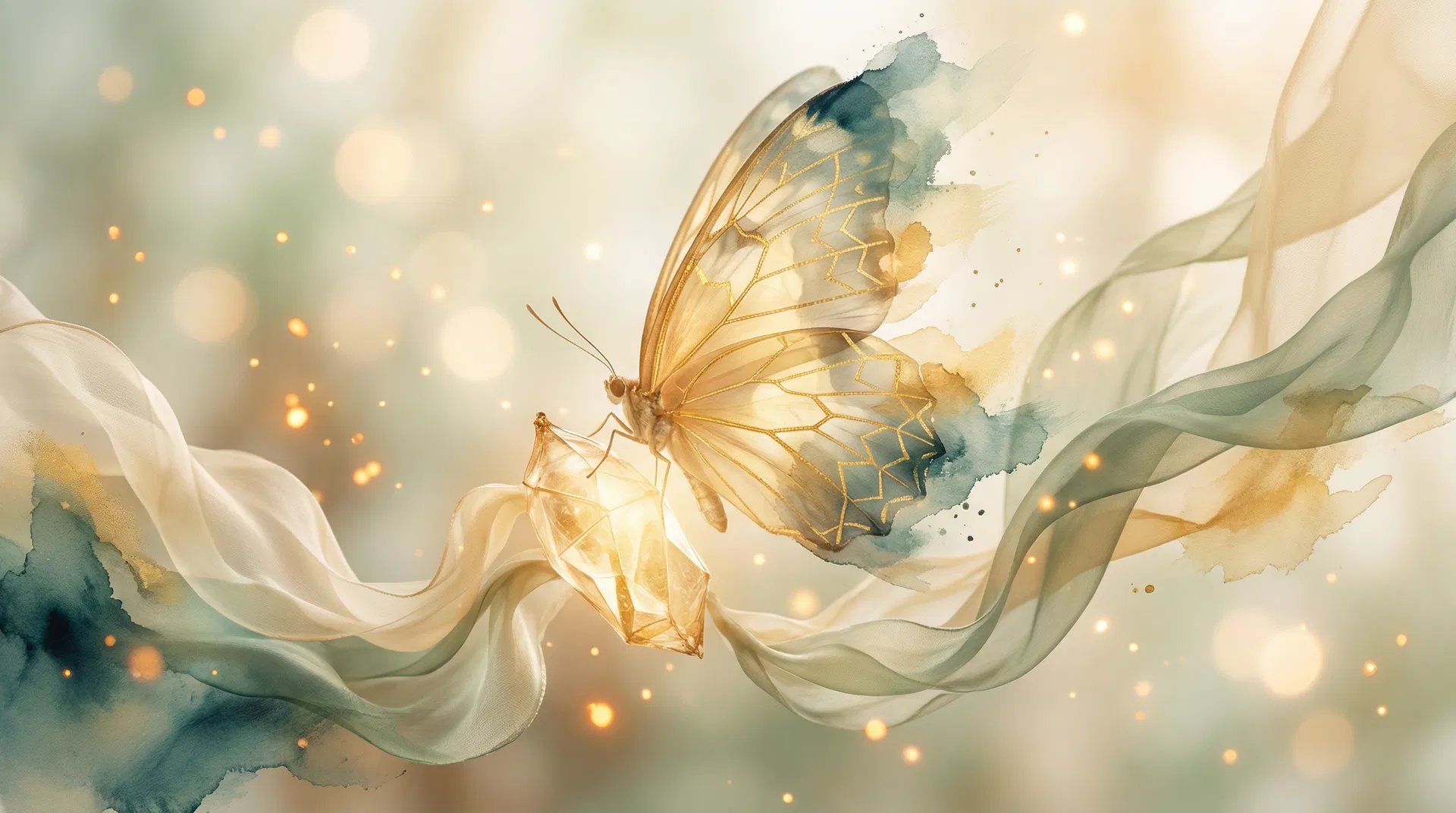 A luminous golden butterfly emerging from a crystalline chrysalis, with flowing silk ribbons of cream and sage — embodying the transformation from precision to creative flow