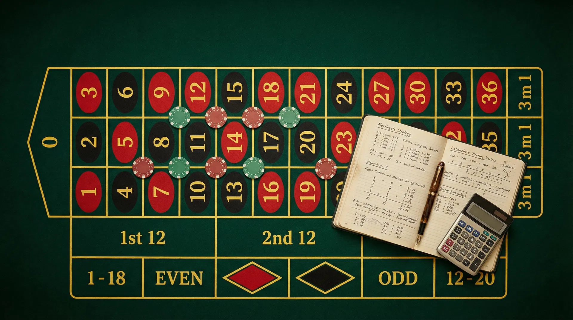 Estrategias de ruleta: mesa con fichas y notas de estrategia