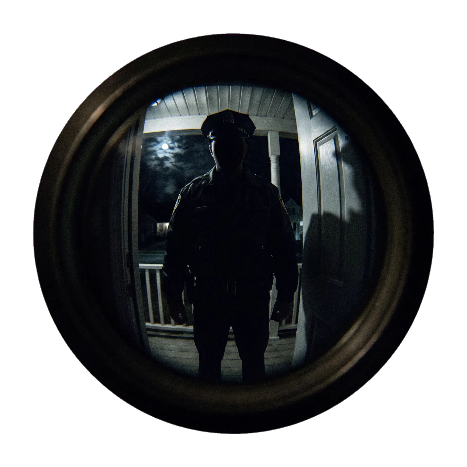 Unidentified officer at door at night