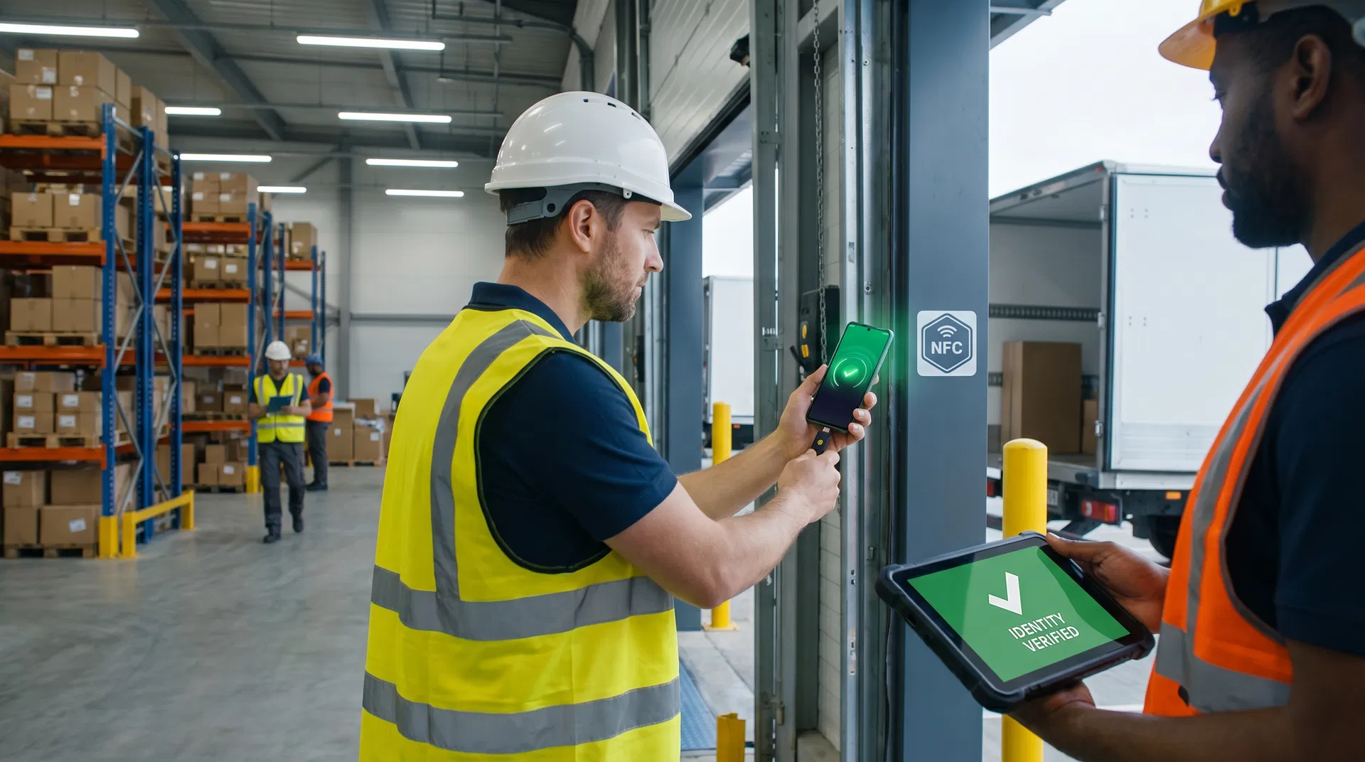 Driver tapping FIDO2 credential at warehouse receiving dock, dock worker viewing verified notification on tablet