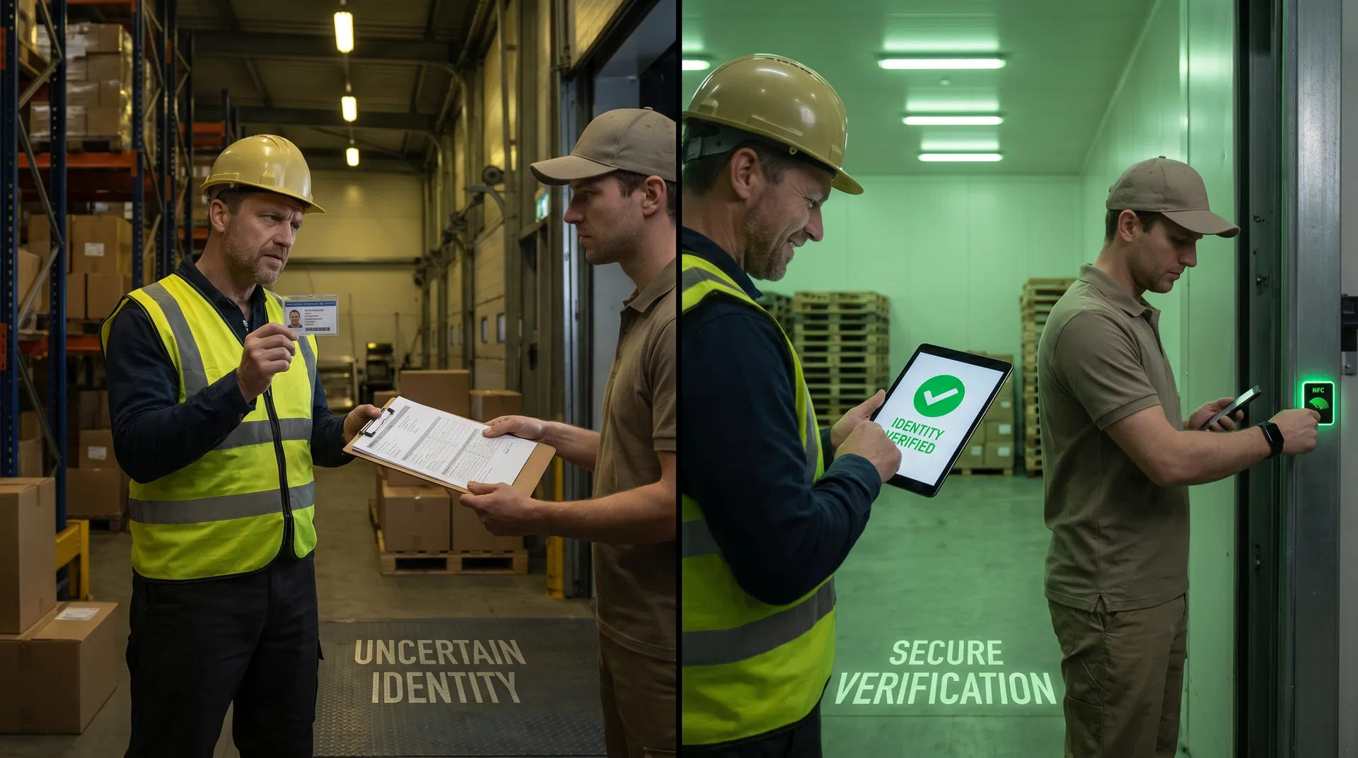 Left: dock worker checking paper ID with uncertainty. Right: dock worker receiving verified identity notification on tablet while driver taps NFC anchor.