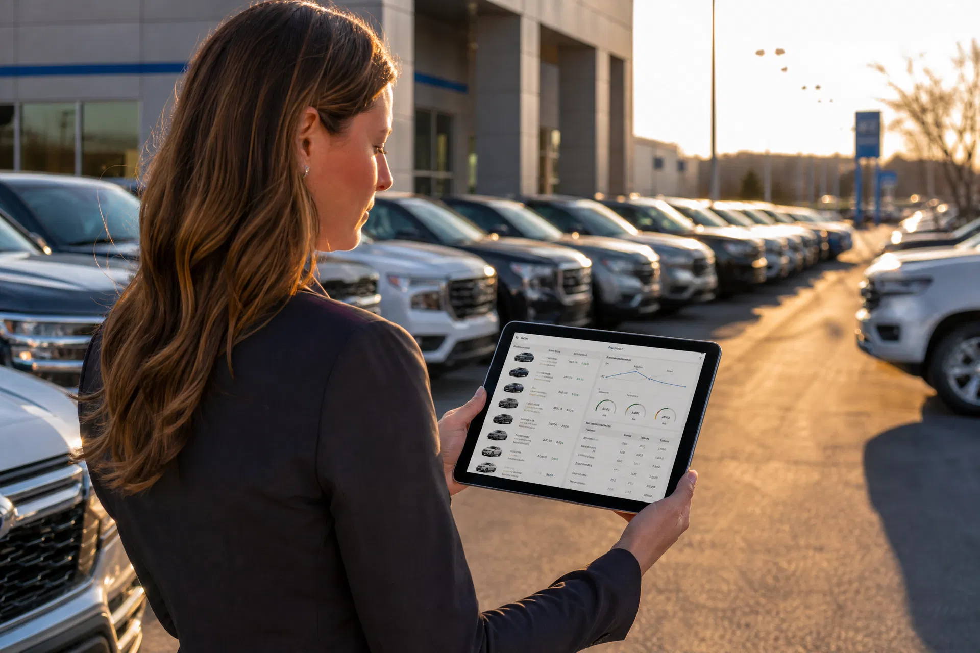 A car dealership marketing manager reviewing live inventory data on a tablet while standing on the lot at golden hour