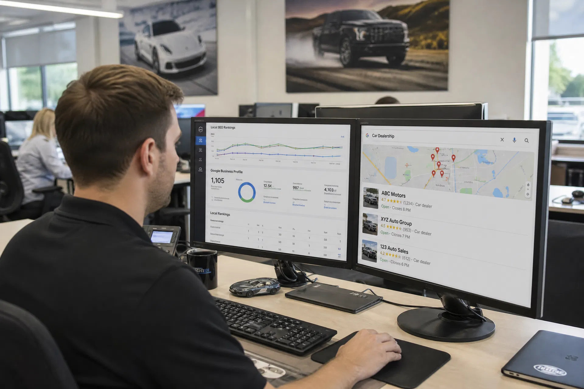 A digital marketing specialist reviewing local SEO rankings and Google Maps 3-pack results for a car dealership on dual monitors