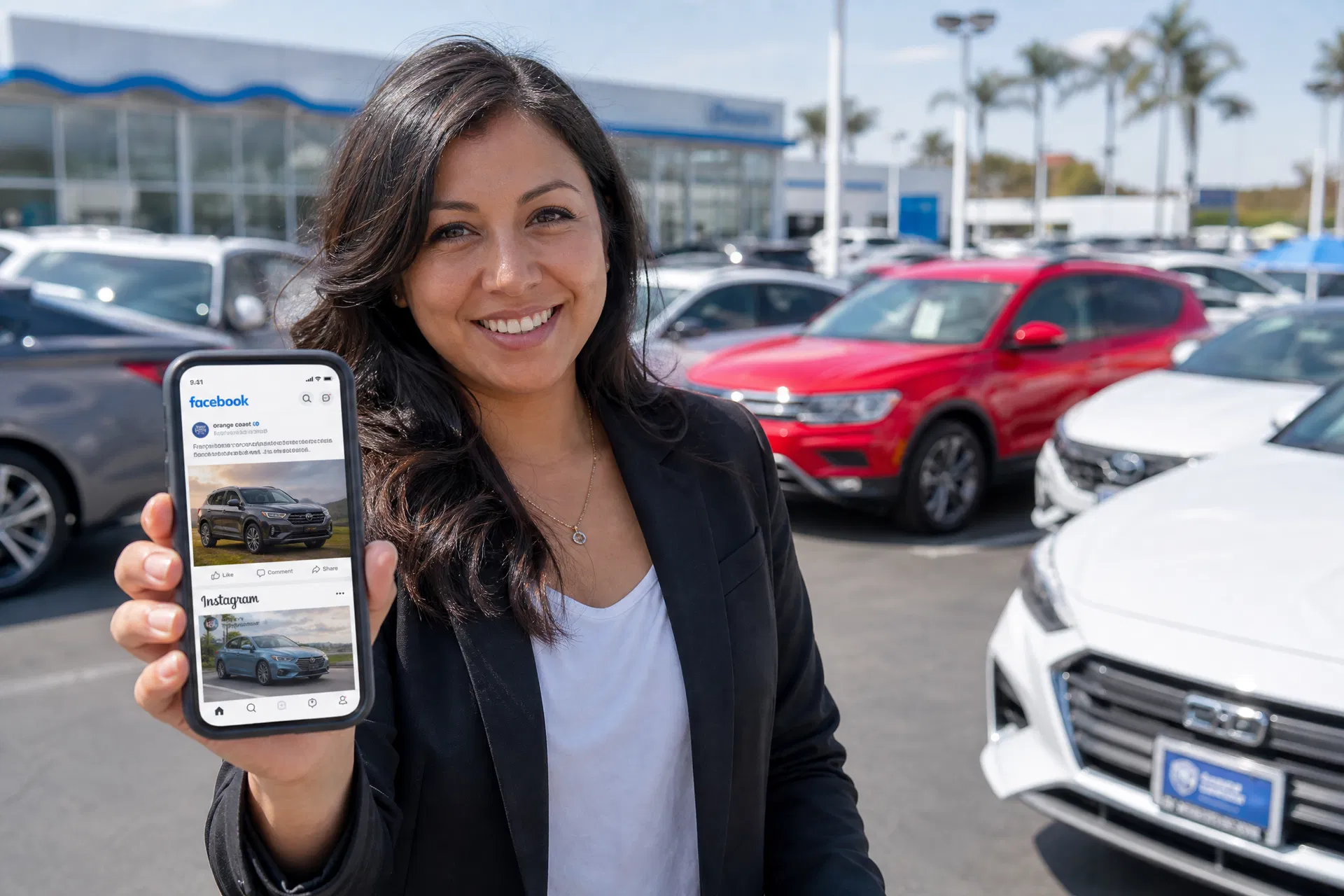 Dealership sales professional showing social media inventory ads on a smartphone on the car lot