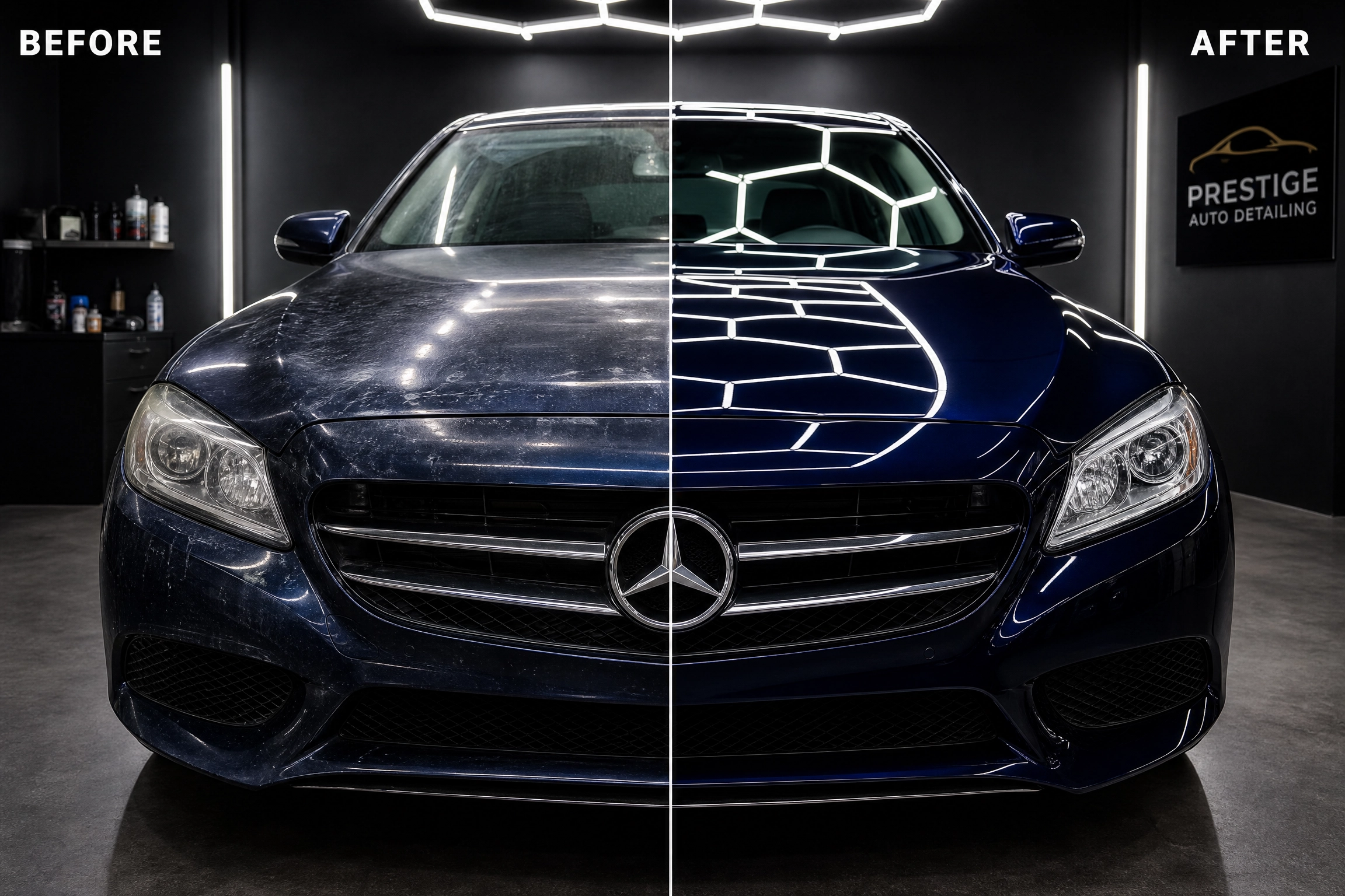 Before and after car detailing comparison — dull paint on the left, mirror-like ceramic coating finish on the right