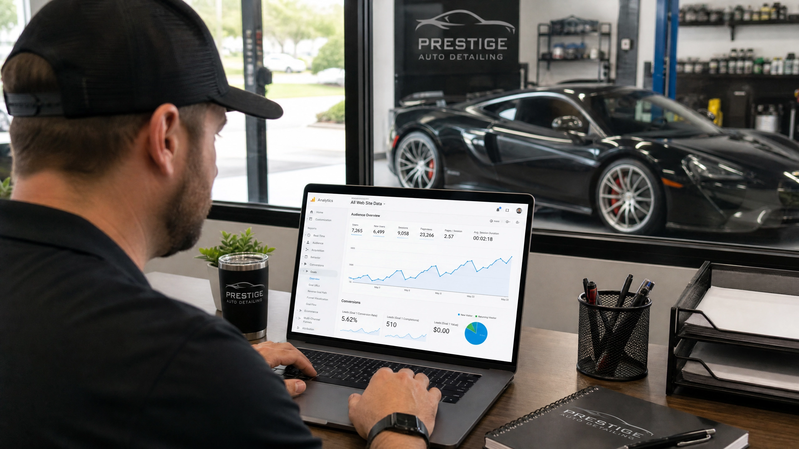 Car detailing business owner reviewing Google Analytics marketing dashboard with upward trending traffic and lead conversions