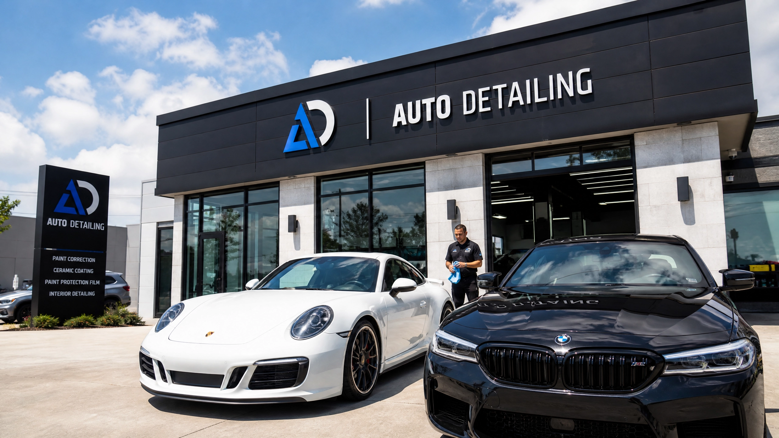 Thriving auto detailing shop exterior with a white Porsche and black BMW parked in front, professional signage and uniformed detailer visible