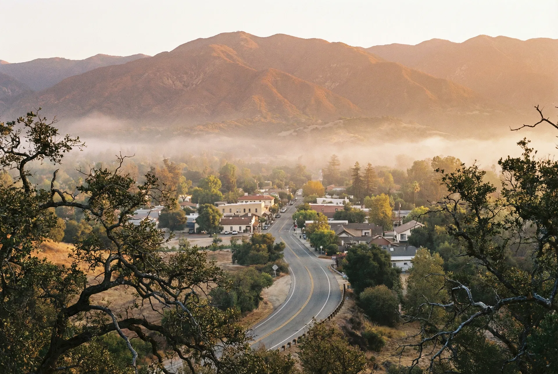 Ojai Valley at sunrise with mountain backdrop