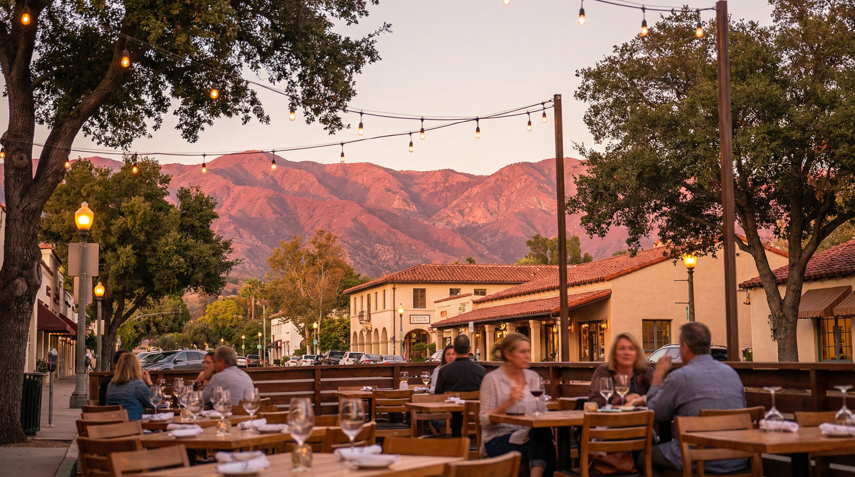 Ojai Valley dining โ outdoor restaurant patio at golden hour