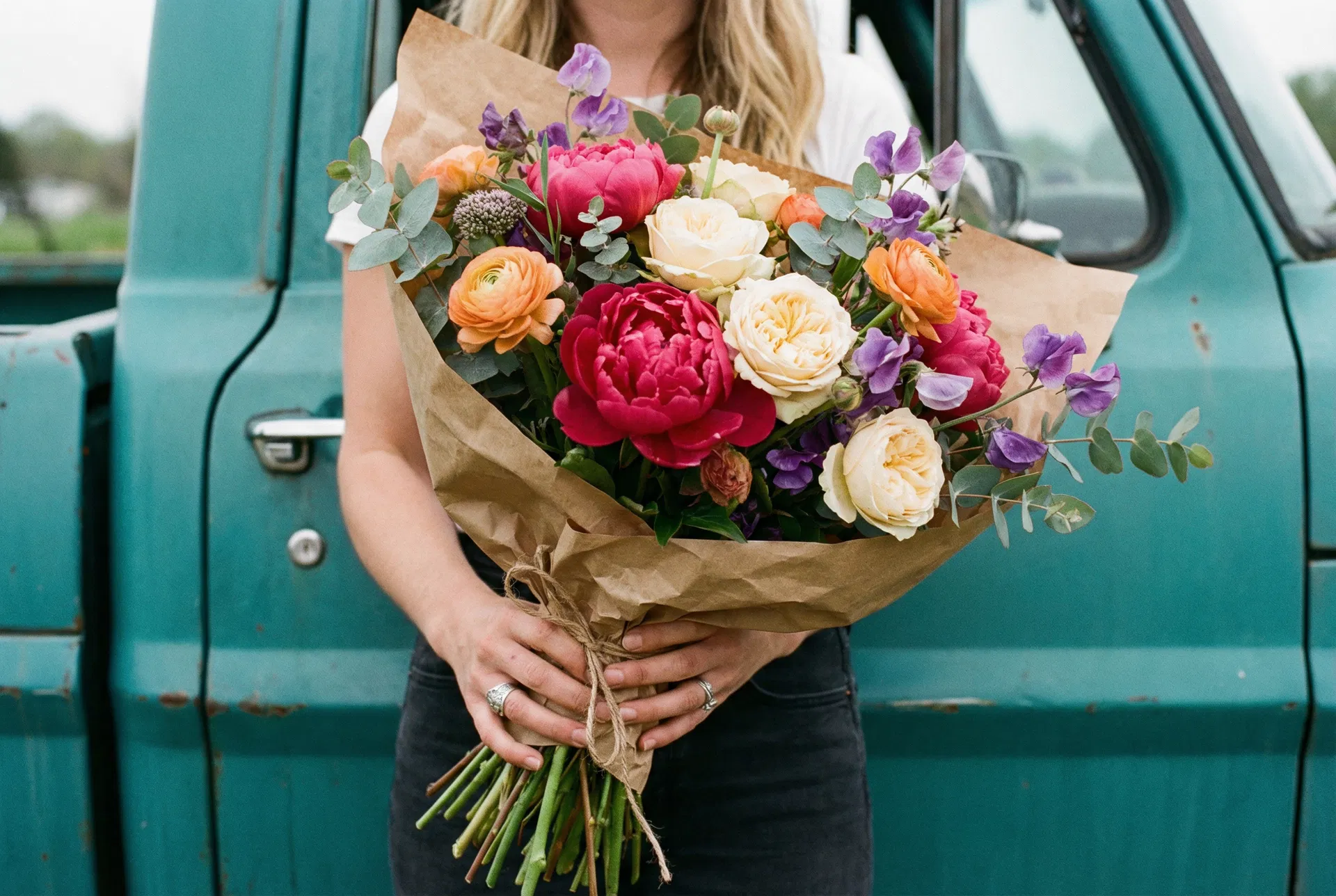 Hand-wrapped bouquet of locally grown flowers from Louise the flower truck