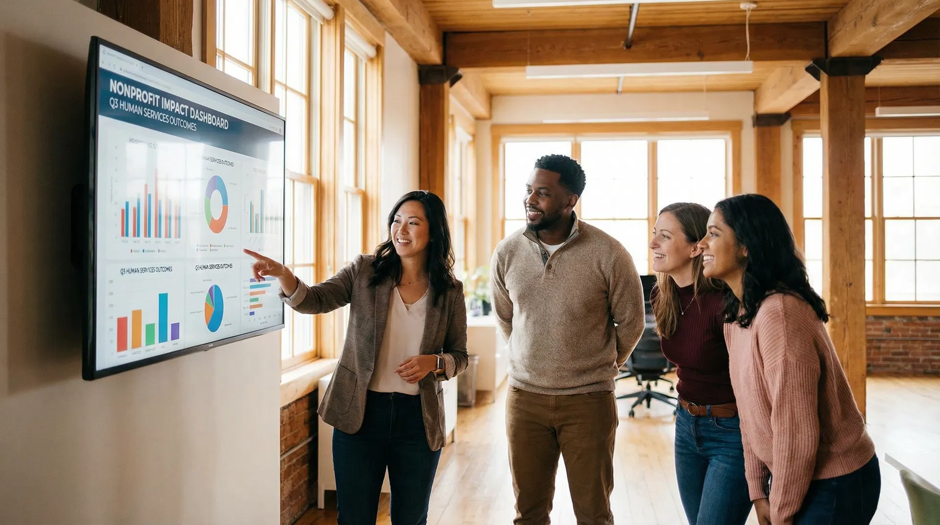 Team collaborating around data dashboard