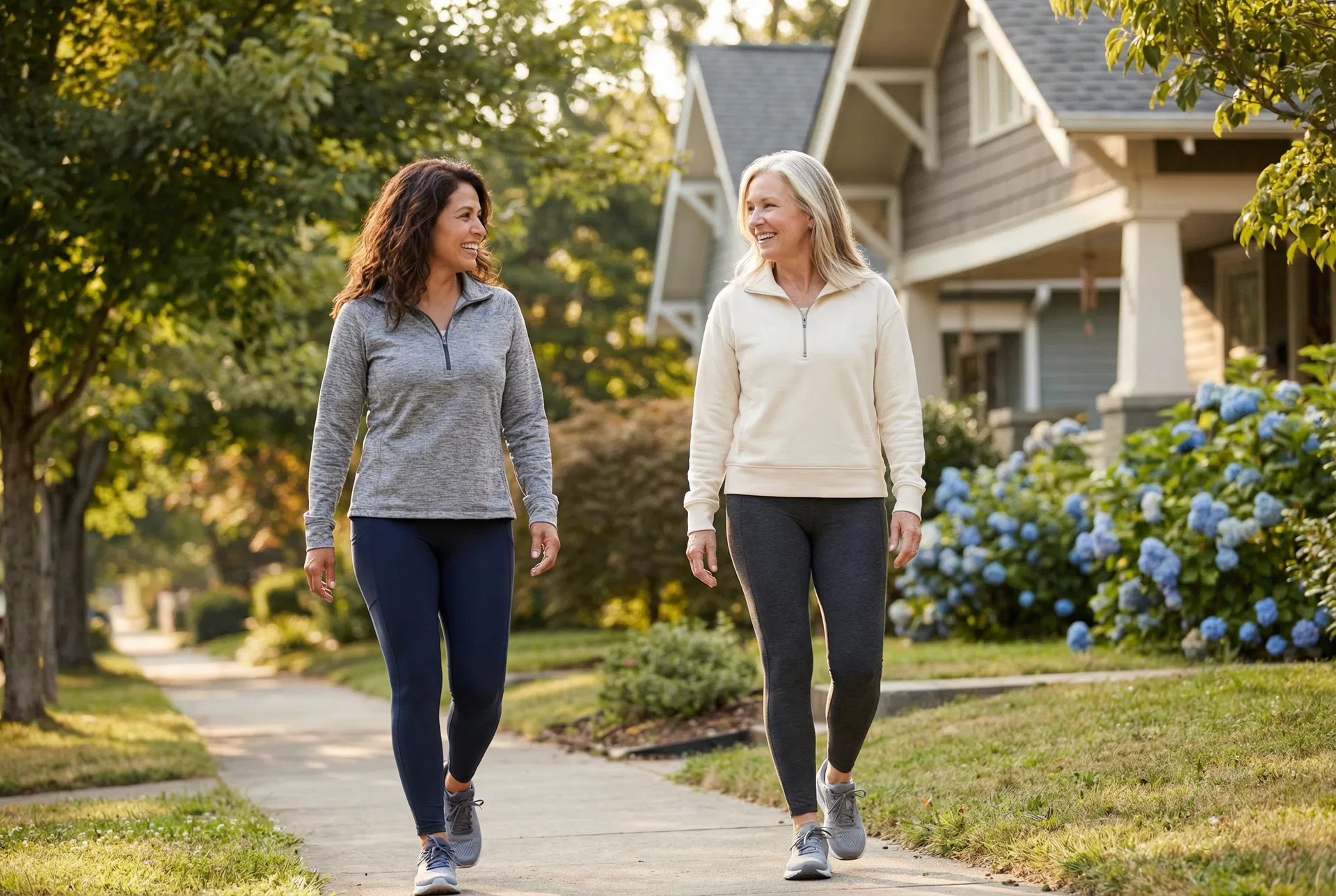 A Hispanic woman in her mid-40s and a Caucasian woman in her early 60s walking together in athleisure on a sunny tree-lined street — representing the Omira Femme community