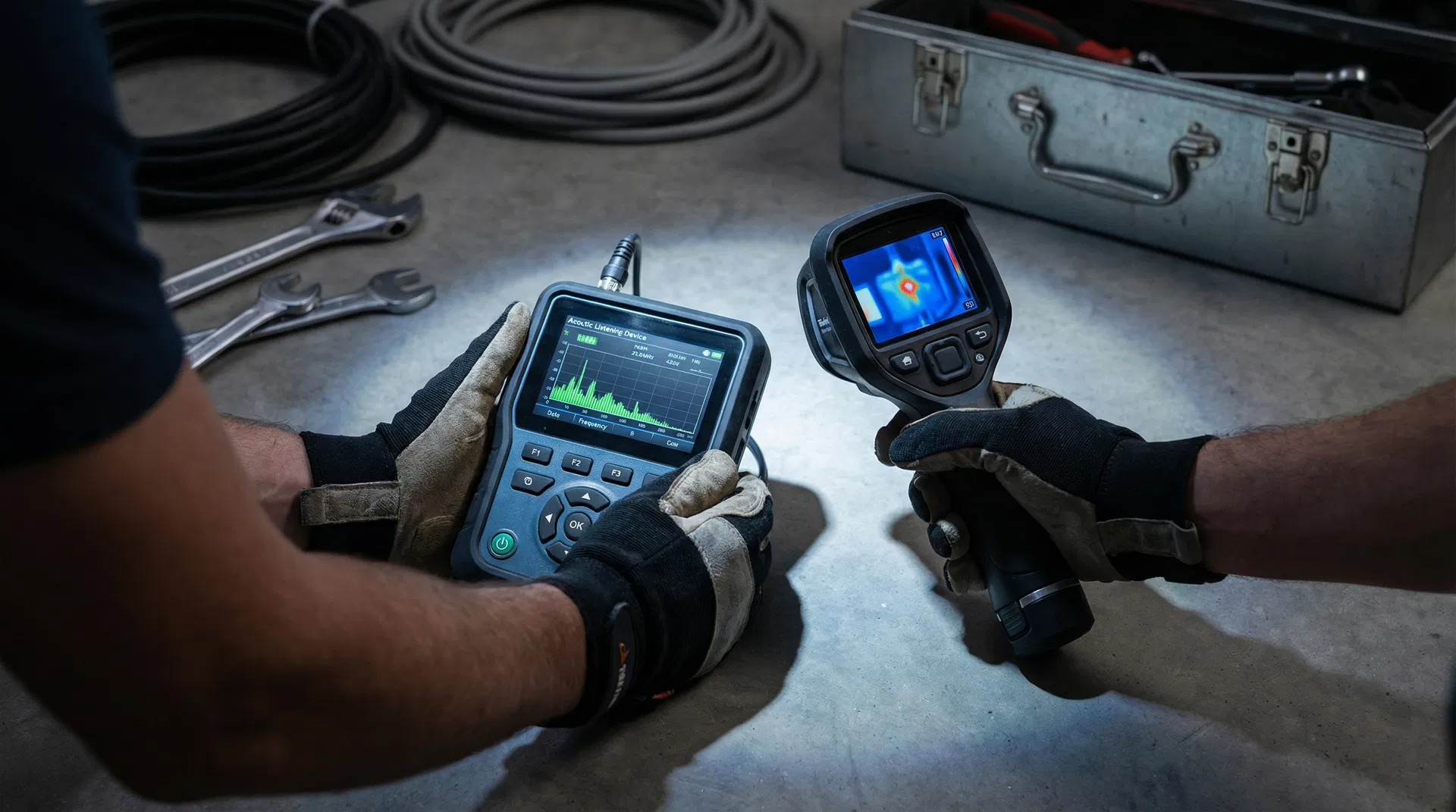 Advanced electronic slab leak detection equipment — acoustic and thermal imaging tools