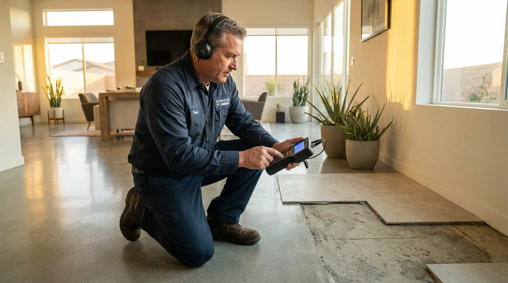 Plumber detecting slab leak inside a residential home