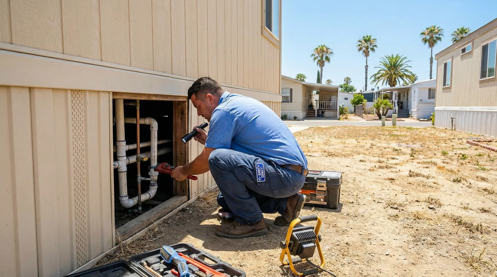 Plumber working on mobile home plumbing in Southern California