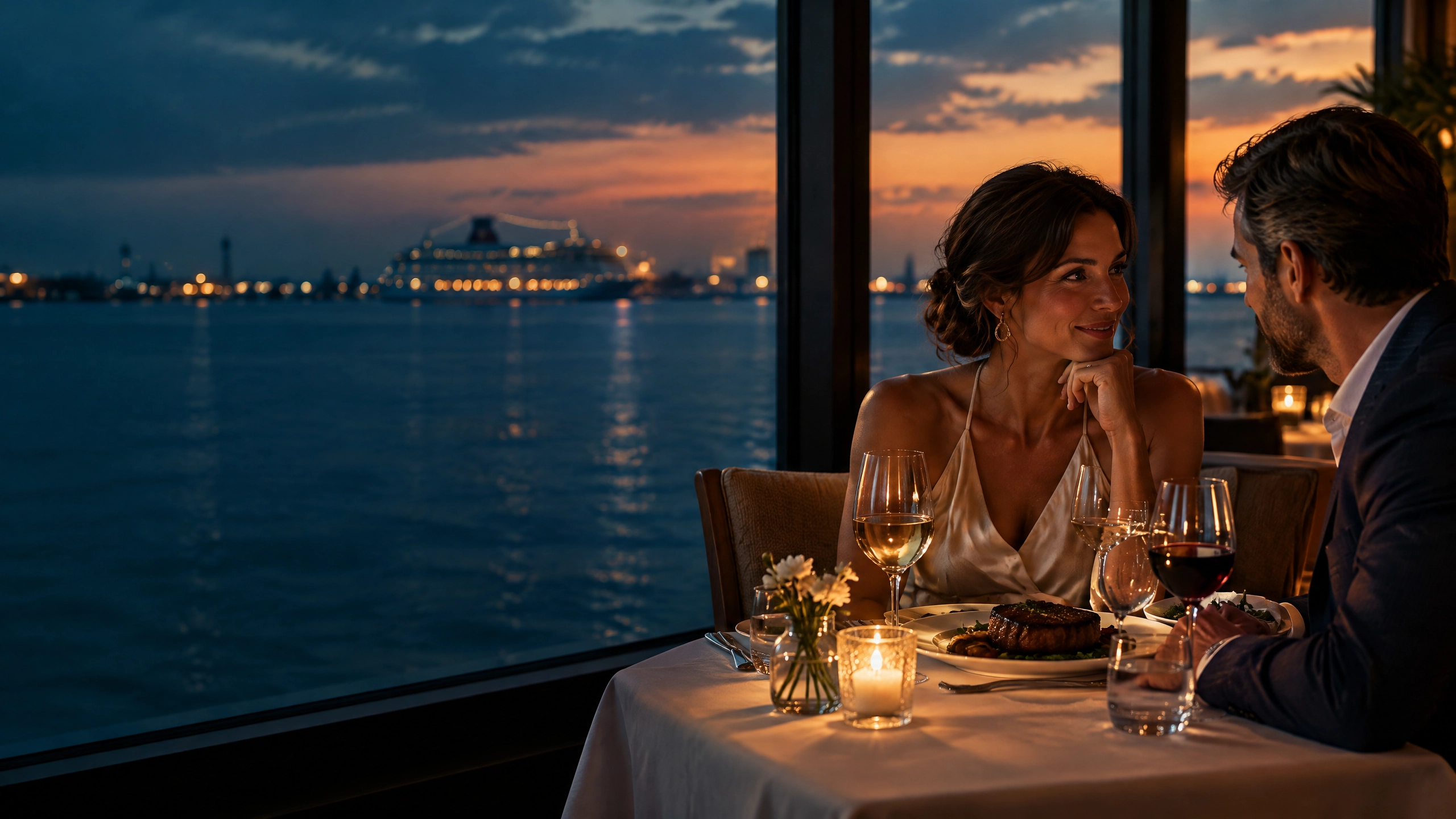 Couple sharing a steakhouse dinner by a Galveston waterfront window with a cruise ship in the distance