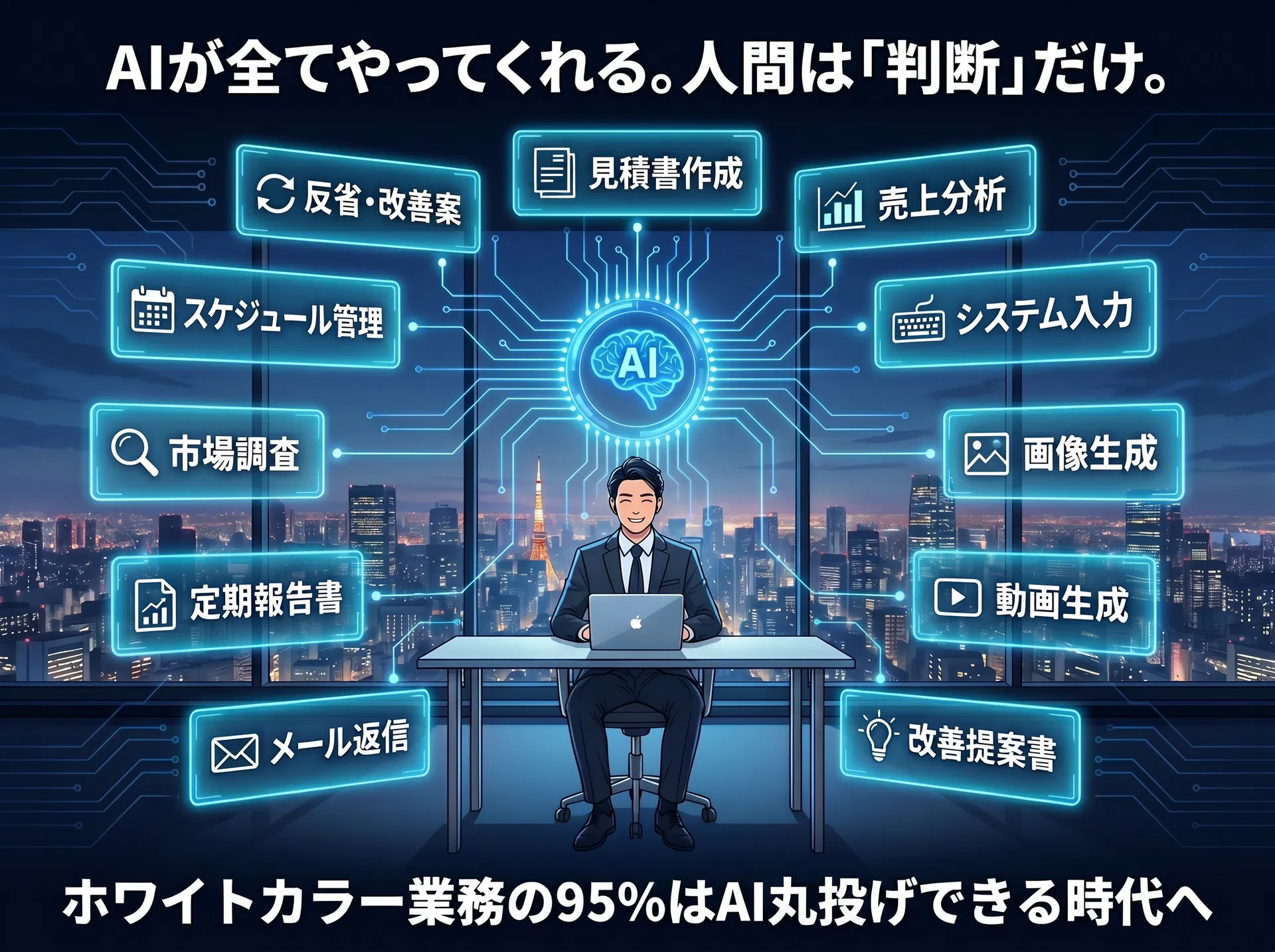 AIが見積書・分析・システム入力・画像生成・動画生成・改善提案書など全ての業務を肩代わりするイメージ