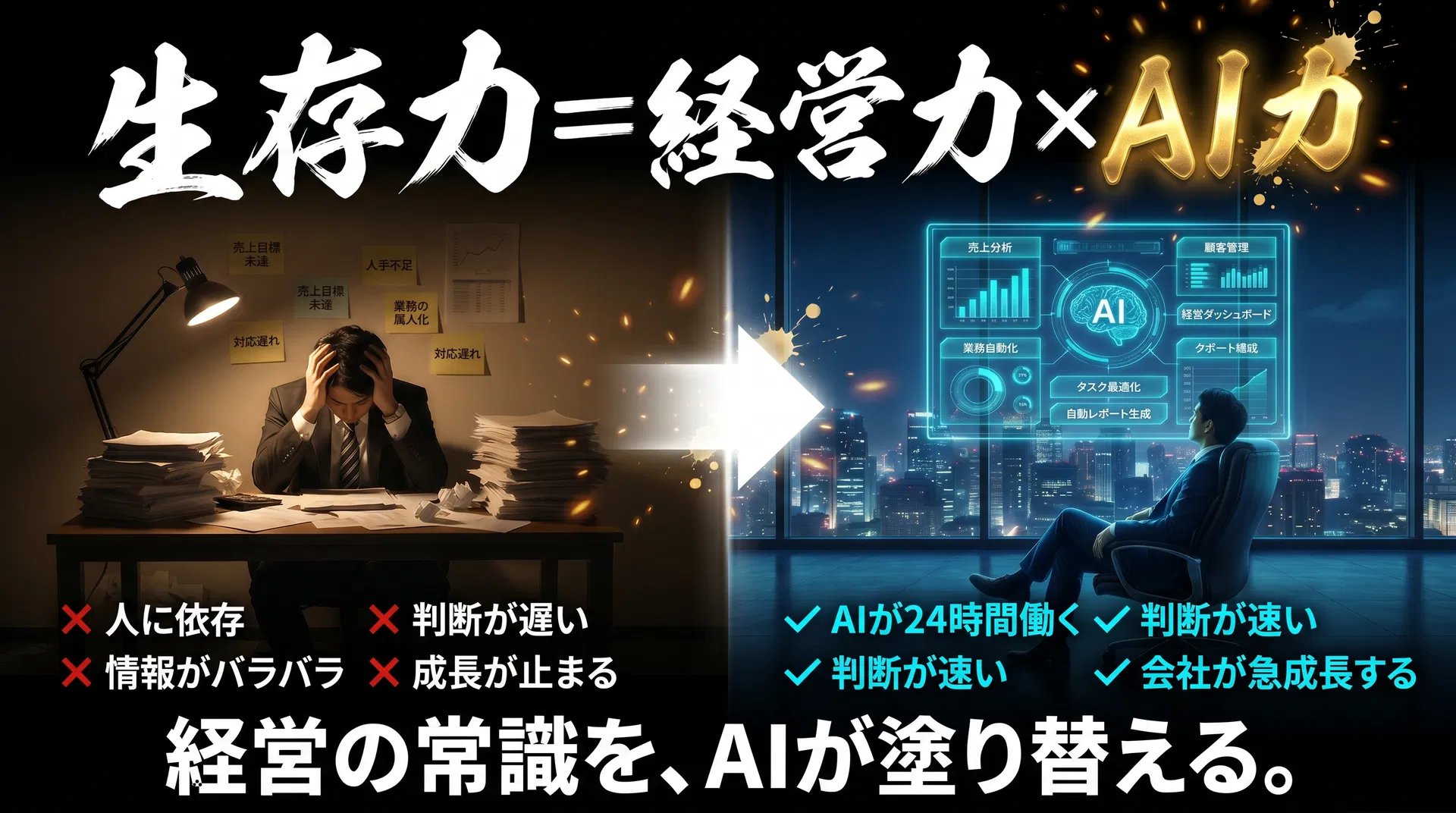 生存力＝経営力×AI力：AIで前進する会社と取り残される会社の対比