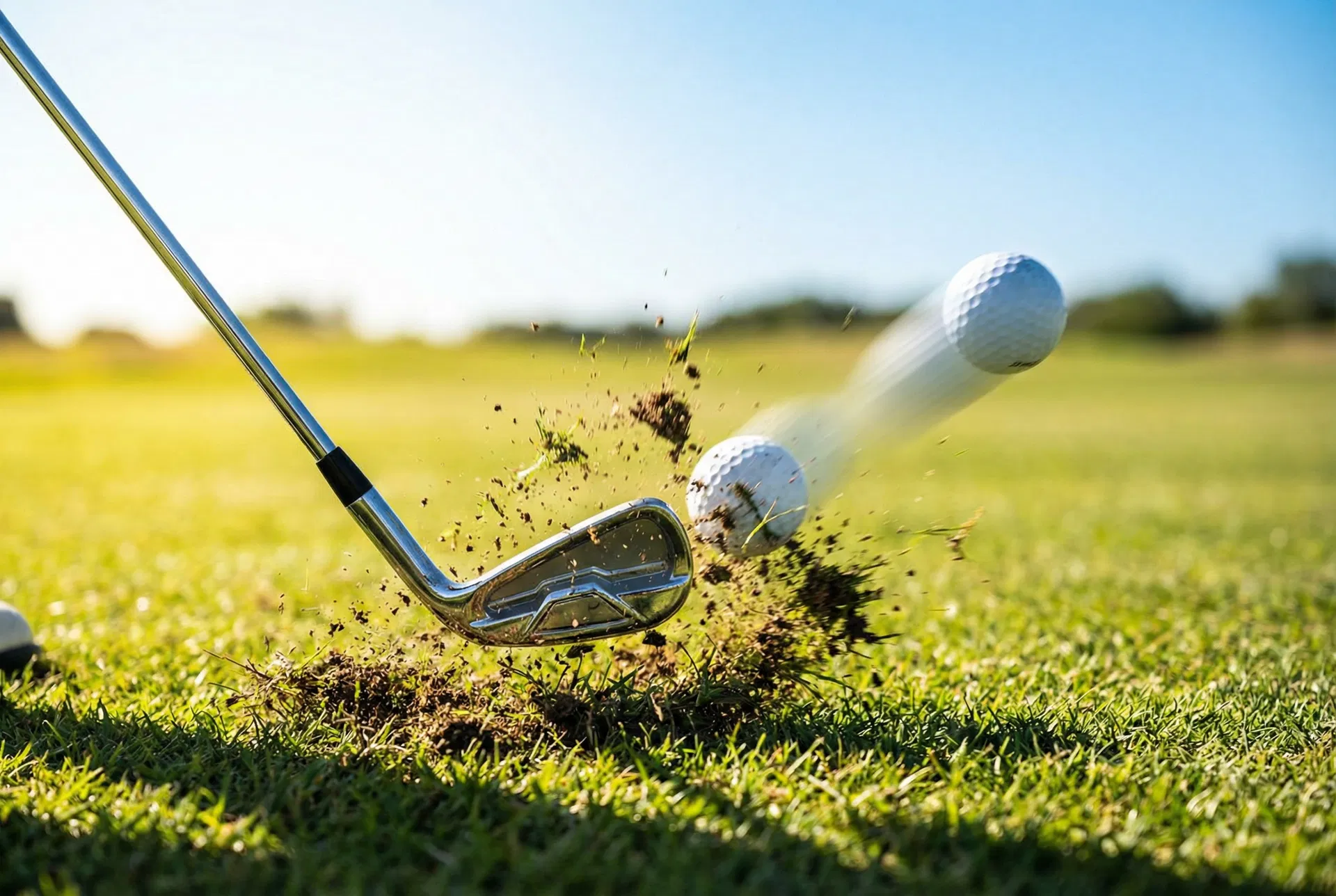 Iron striking a golf ball with divot flying