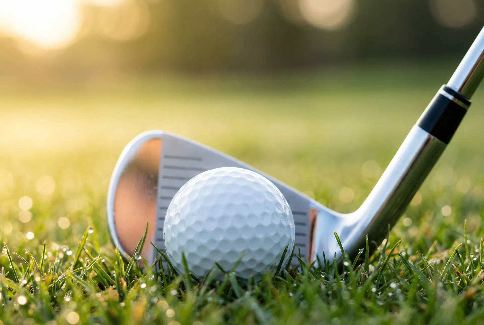 Macro iron clubface behind golf ball on dewy grass