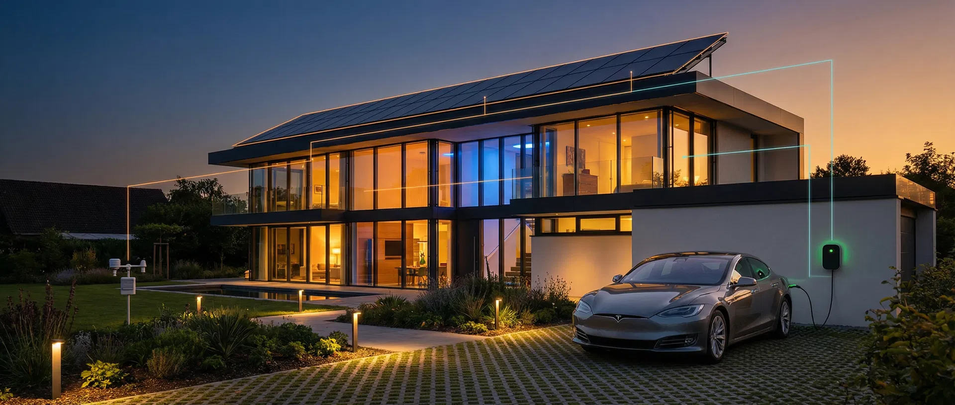 Modernes Smart Home bei Dämmerung