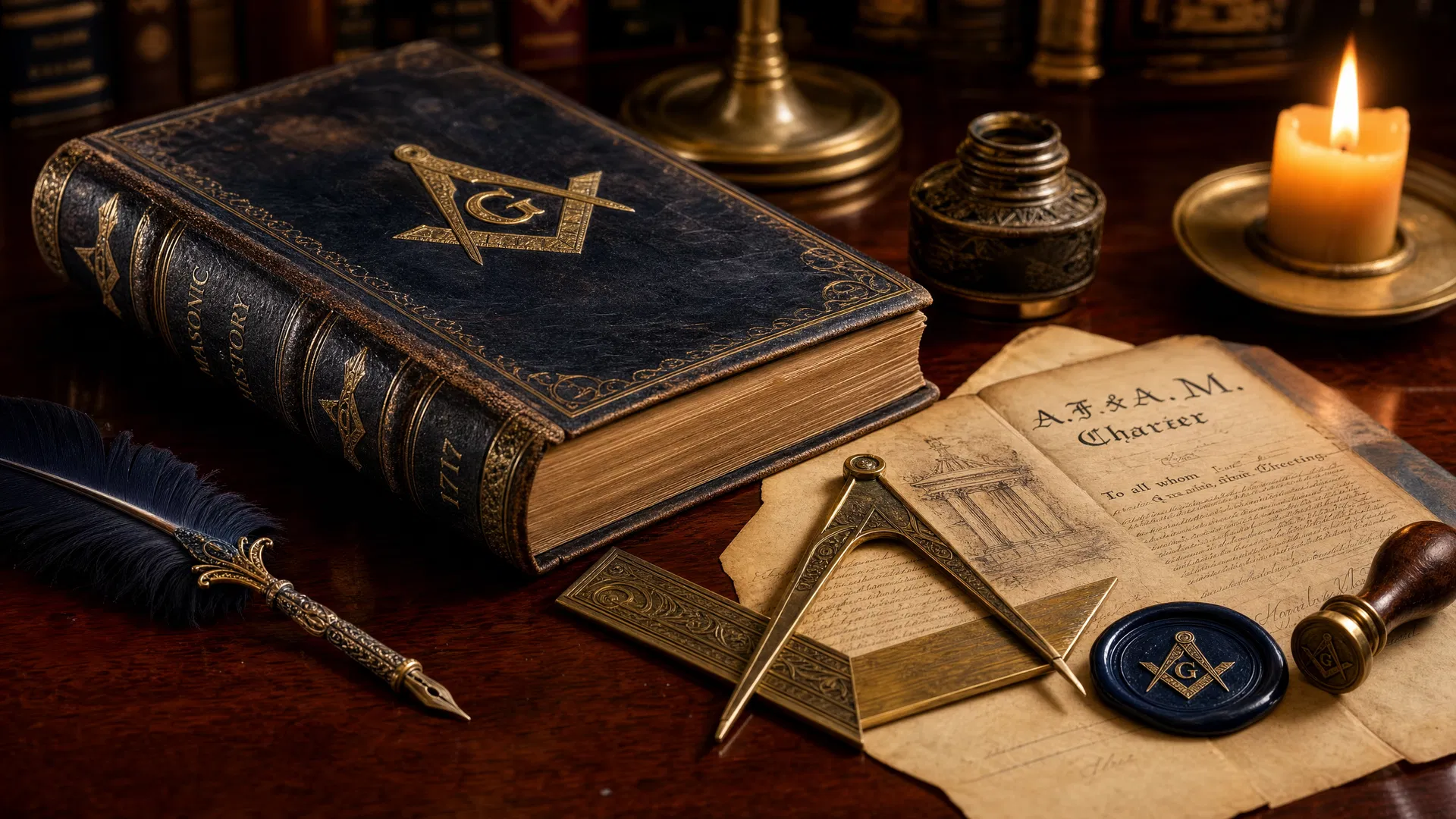 Masonic heritage items - compass, square, and ancient documents