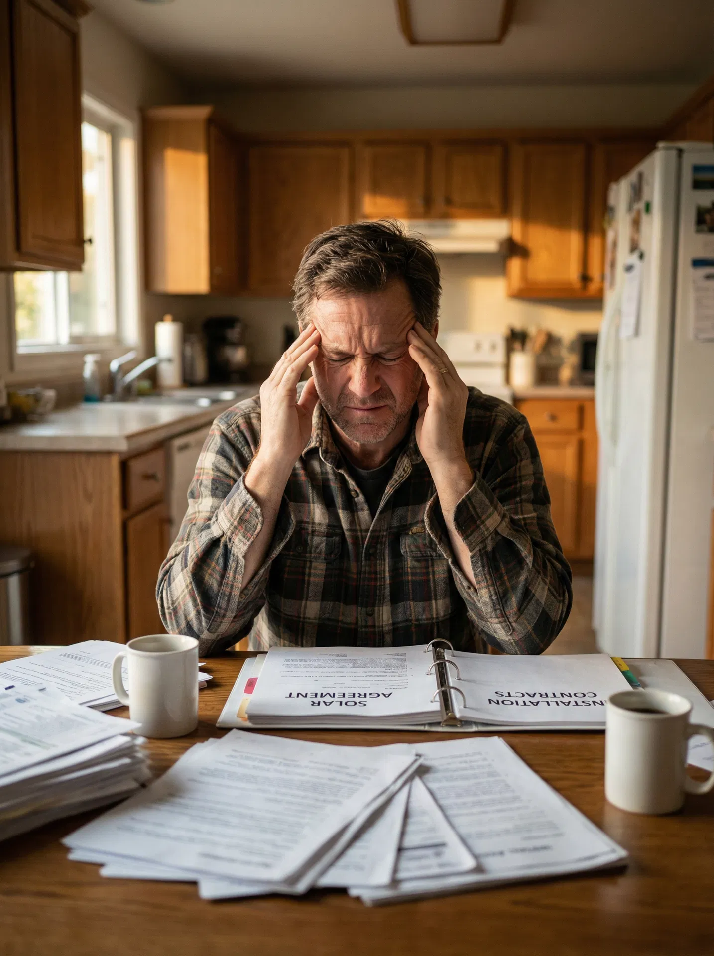 Frustrated homeowner with solar contract paperwork