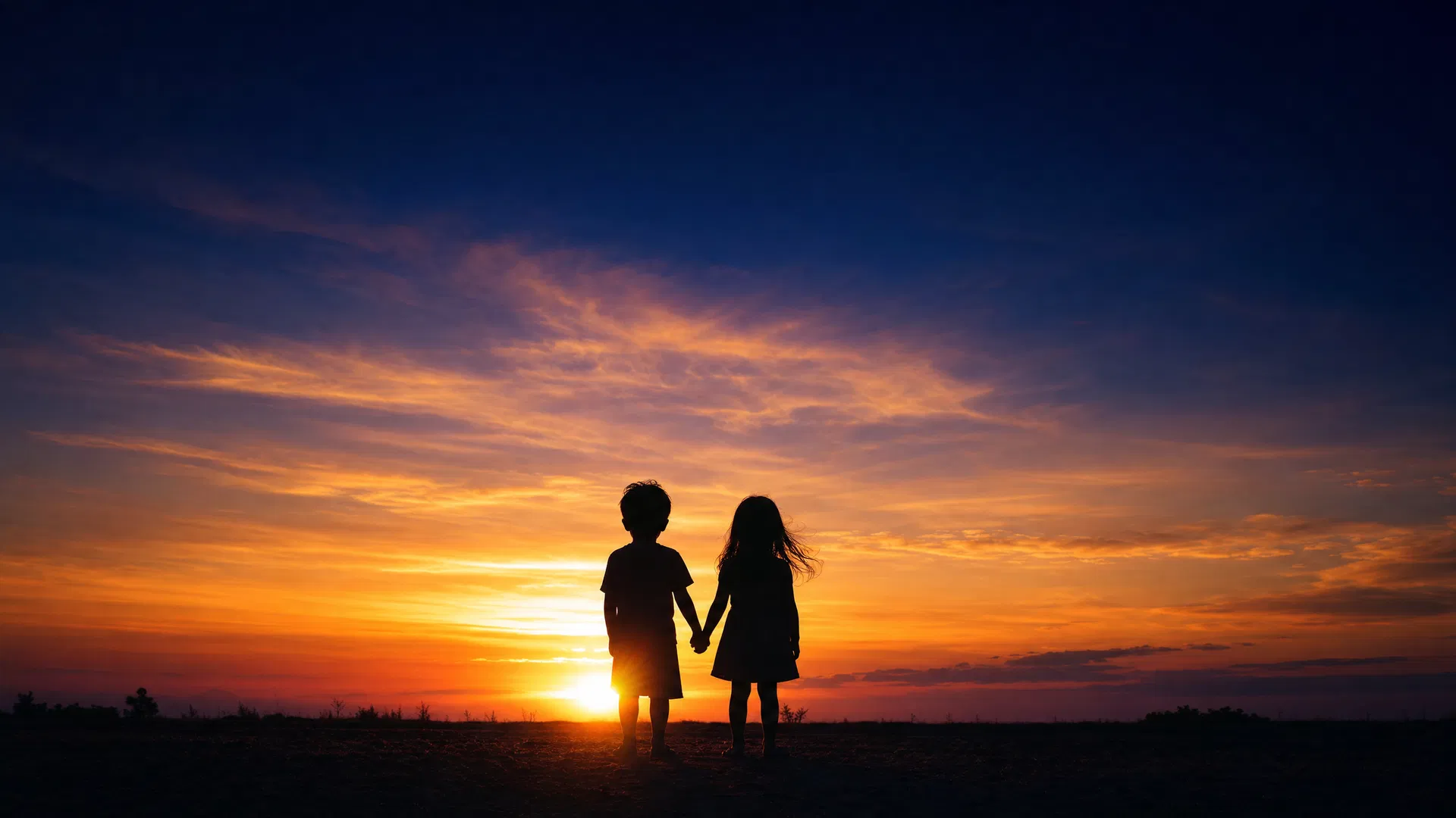 Two children silhouettes at sunset