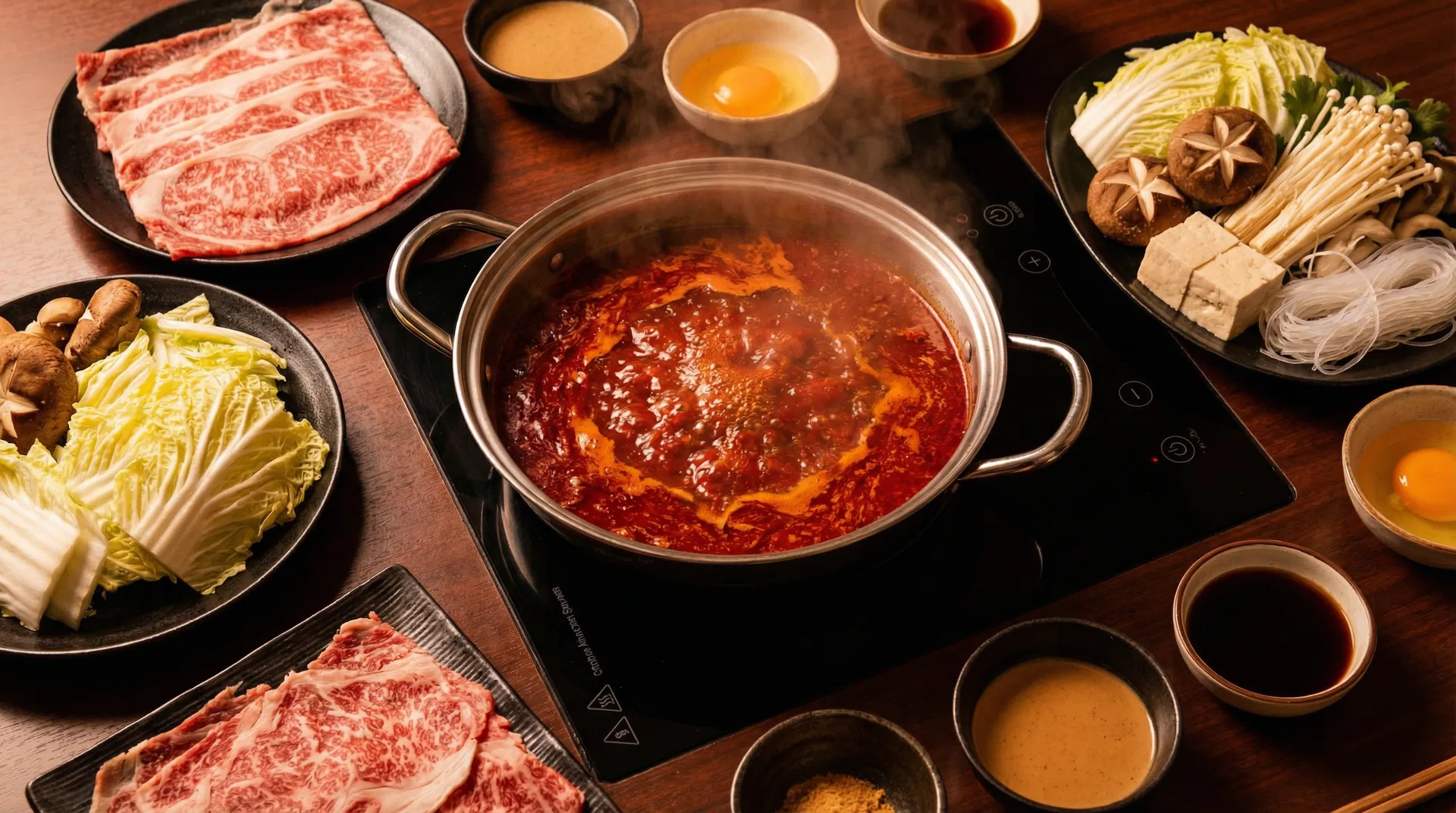 Shabu shabu setup with wagyu beef and vegetables