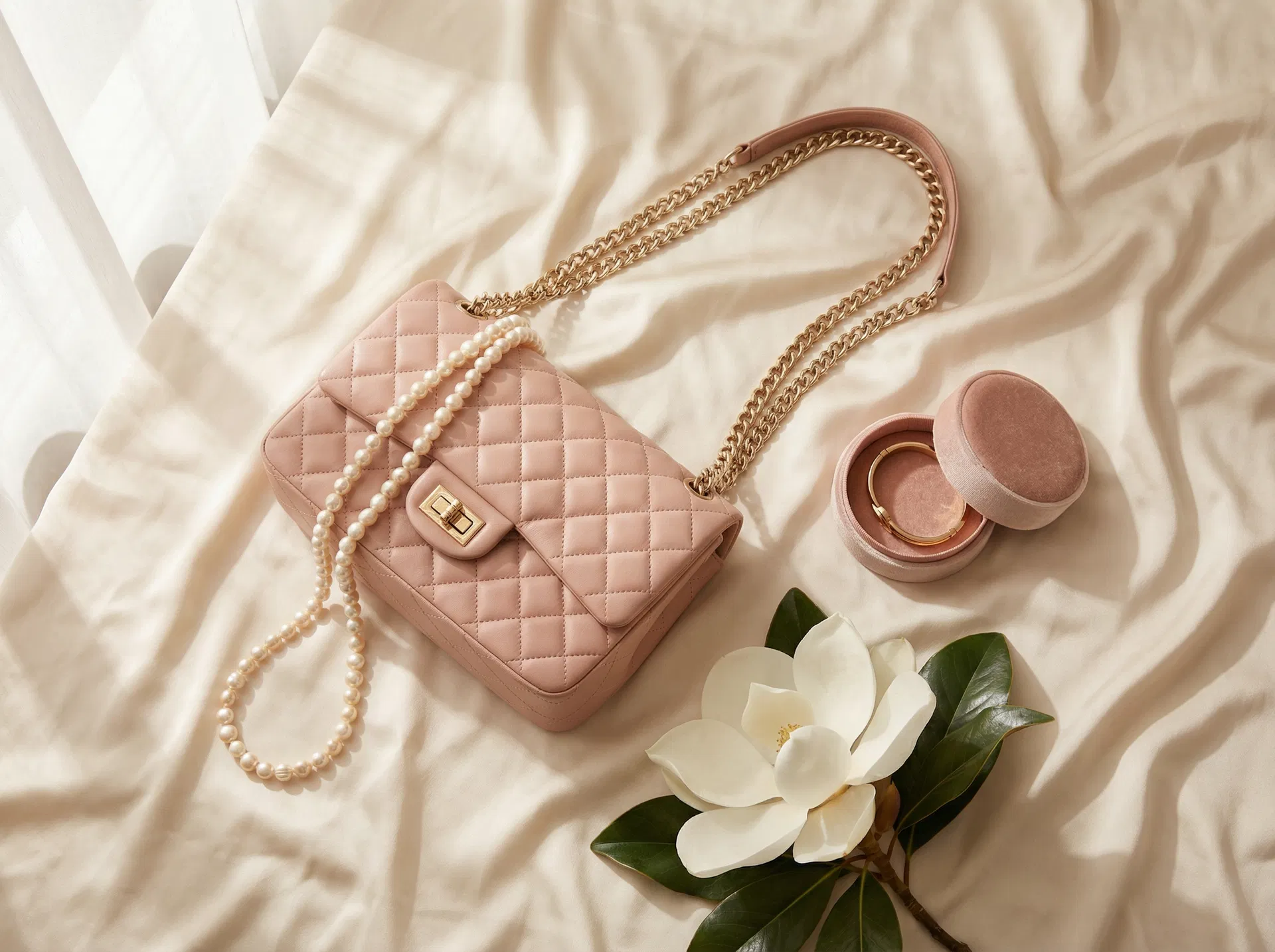 Blush pink designer handbag with pearls and magnolia