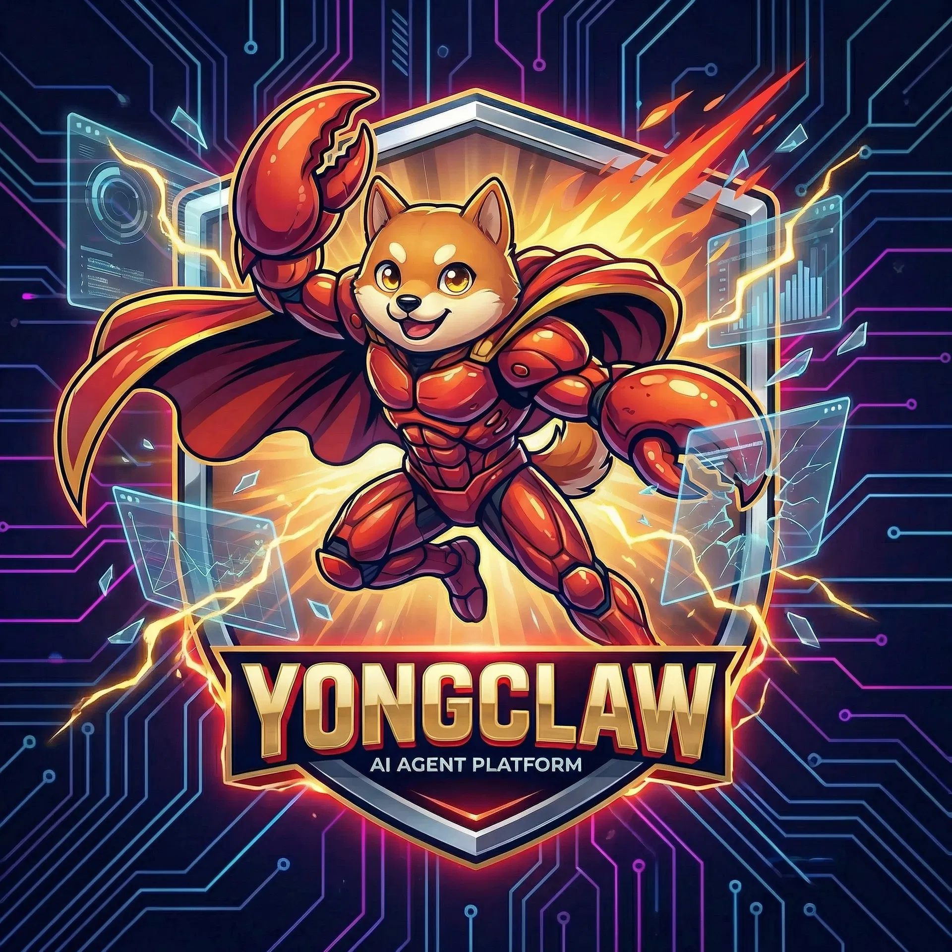 YongClaw AI Agent平台Logo - 龙虾铠甲战犬吉祥物
