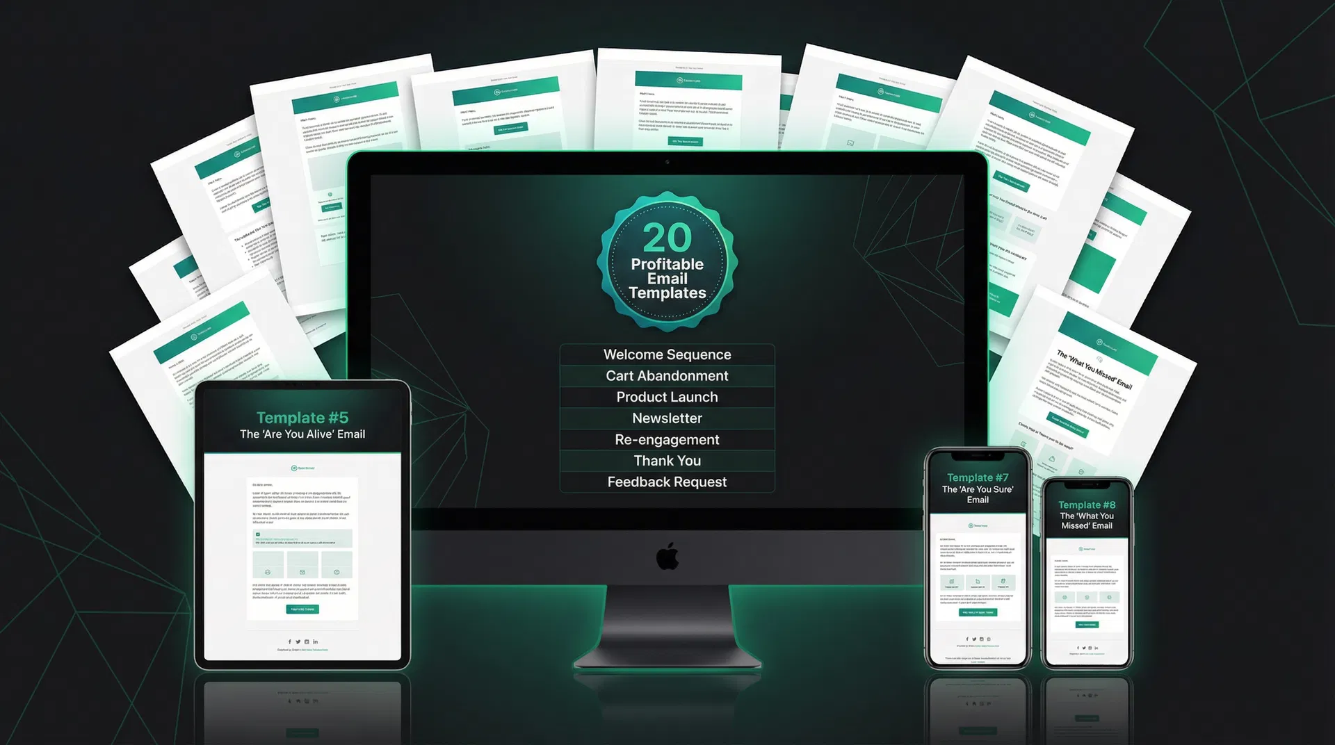 20 Profitable Email Templates on laptop, desktop, and phone