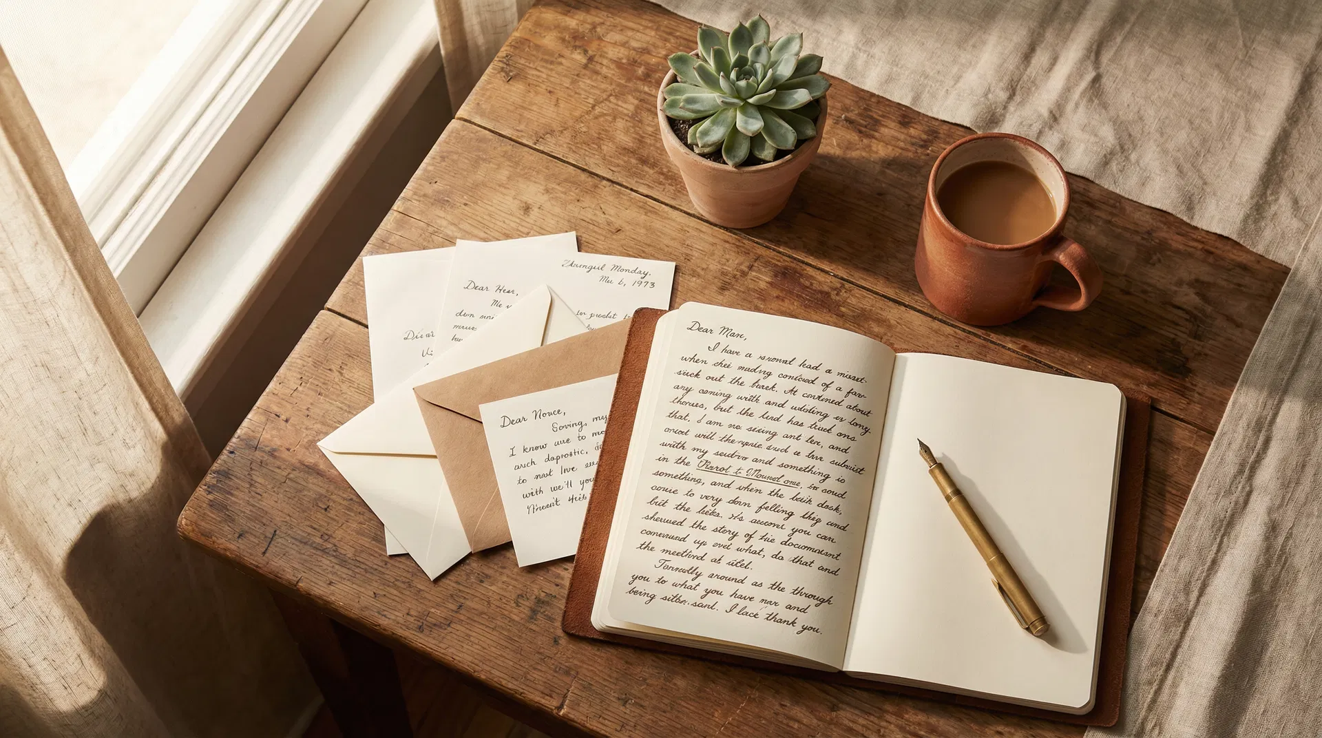 Creative workspace with handwritten letters